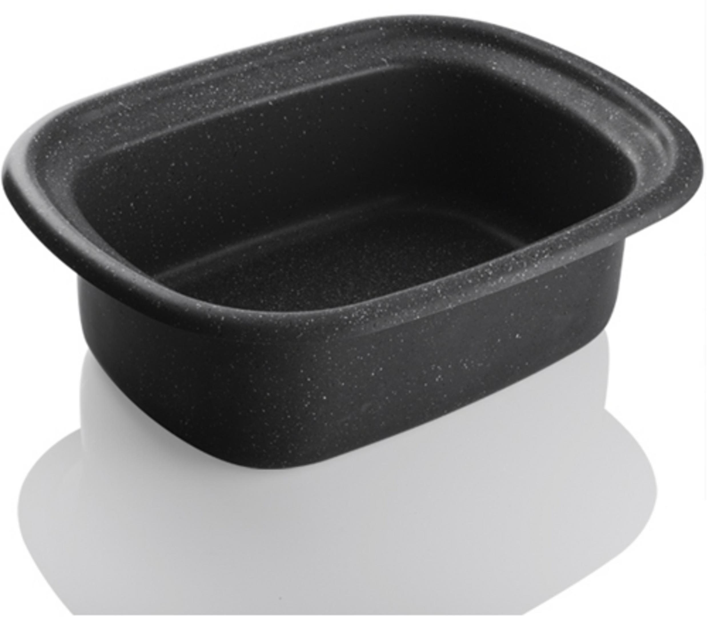 Una fuente rectangular negra con motas blancas.