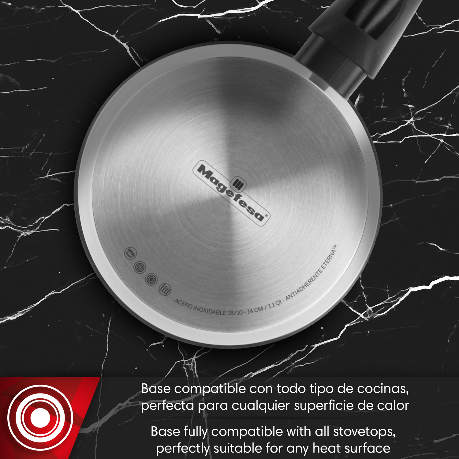 Sartén de acero inoxidable con logo Magefesa, apta para todo tipo de cocinas.