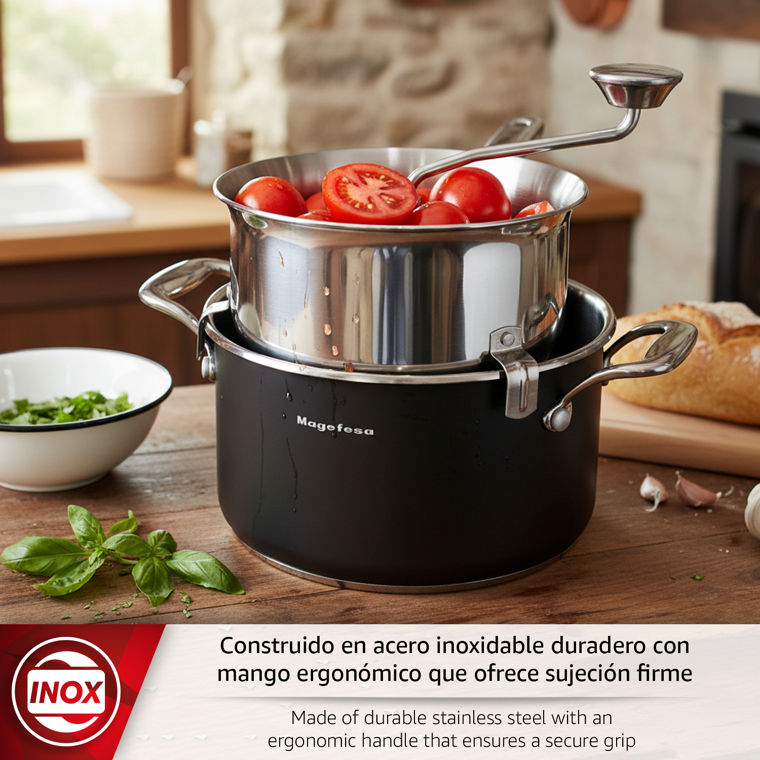 Ollas de acero inoxidable con tomates y hierbas en mesa de madera.