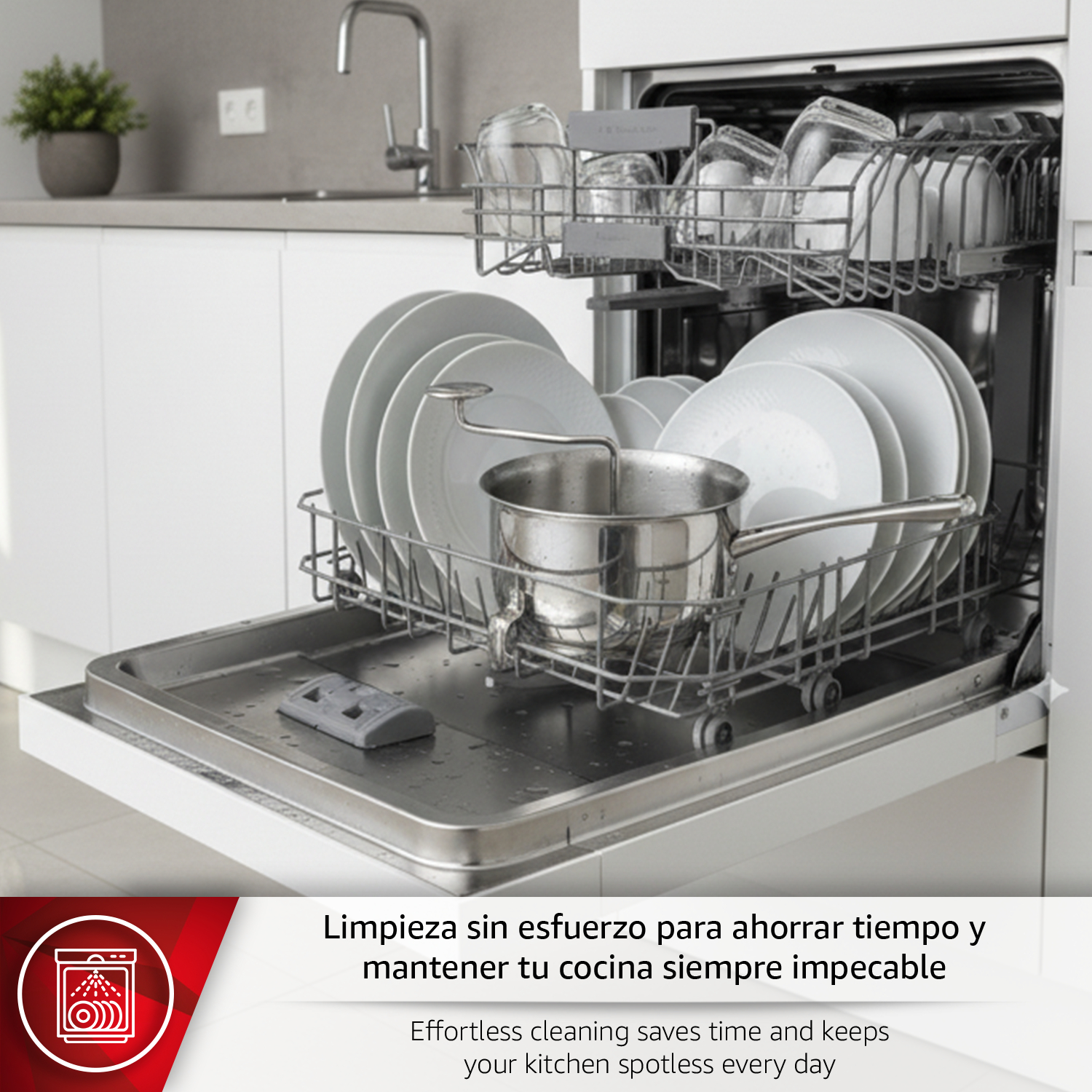 Un lavavajillas abierto con platos, vasos y una olla limpios.