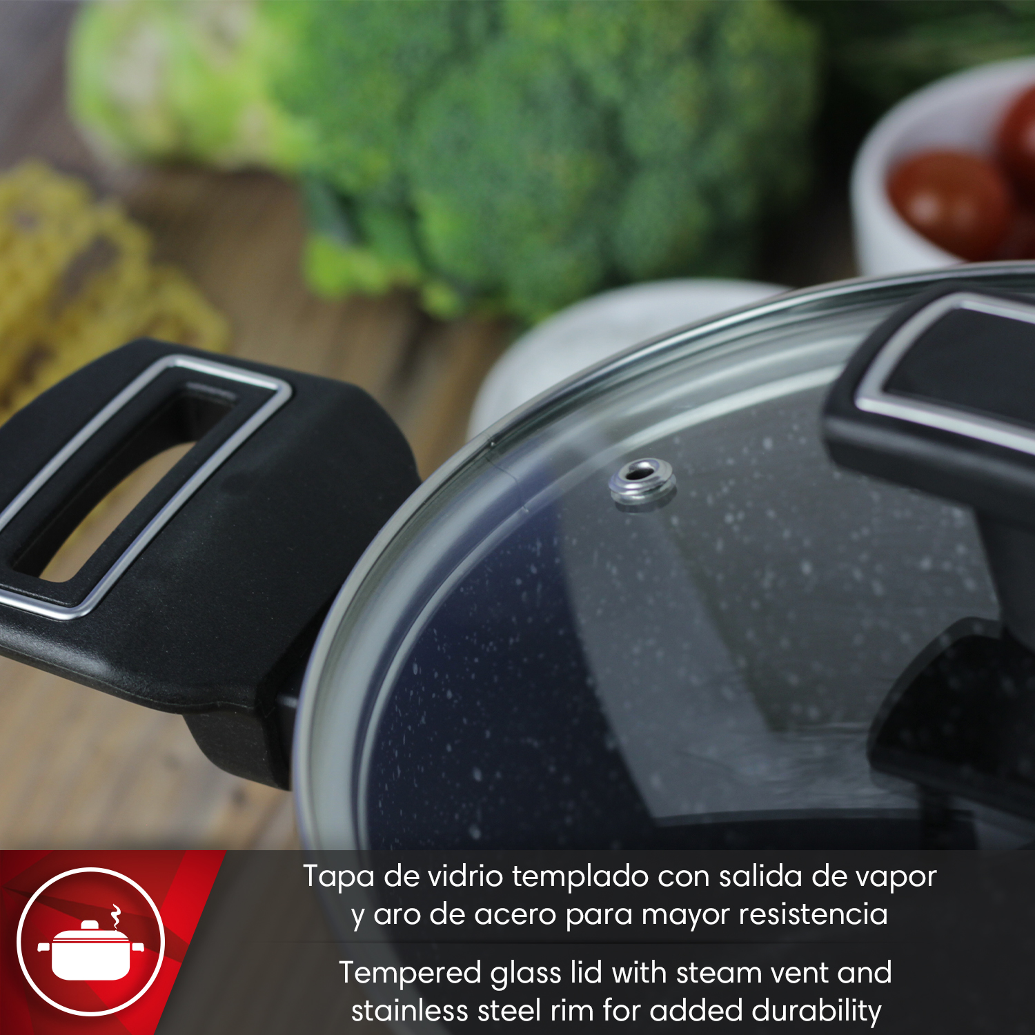 Olla con tapa de vidrio templado, ventilación y borde de acero.