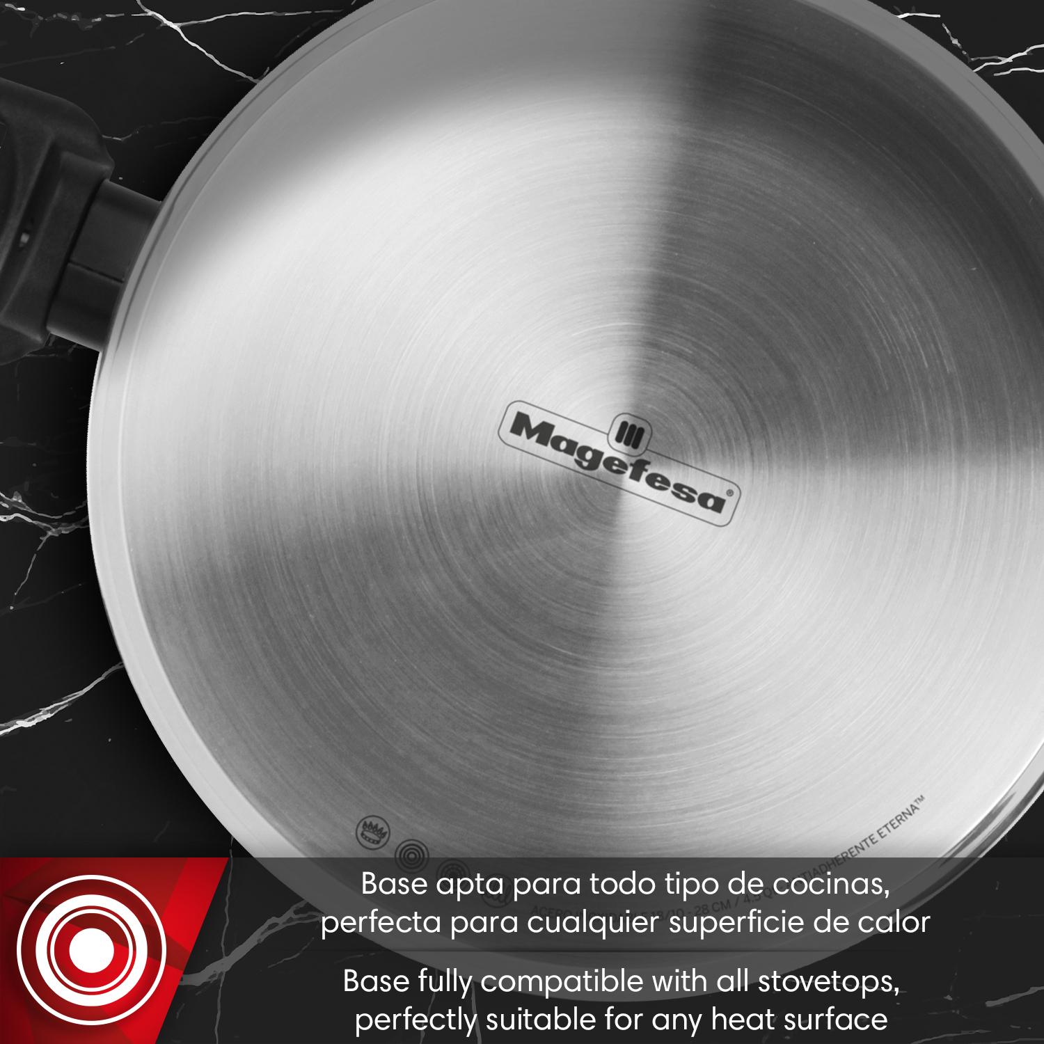 La base de un utensilio de cocina con logo Magefesa, apto para todas las cocinas.