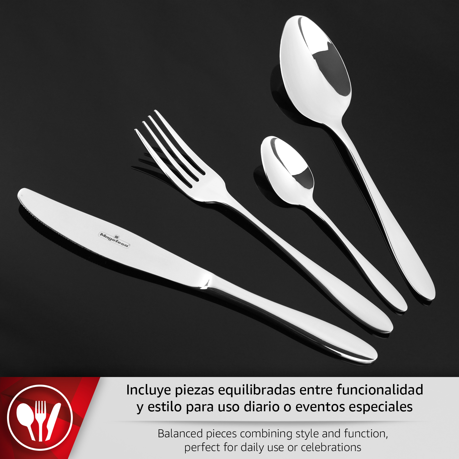 Vajilla de plata pulida: cuchillo, tenedor y dos cucharas sobre fondo negro.
