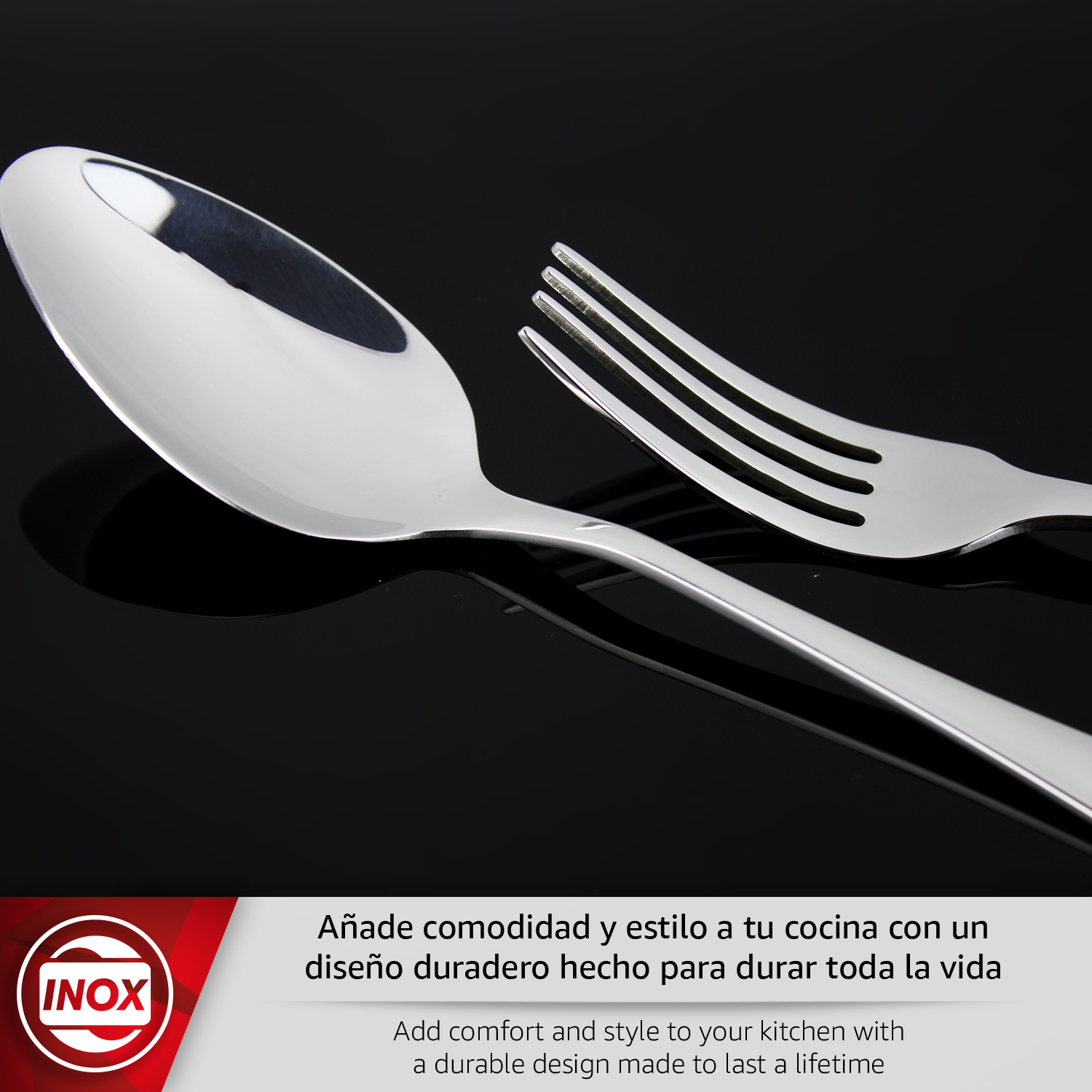 Una cuchara y un tenedor brillantes yacen sobre un fondo negro.