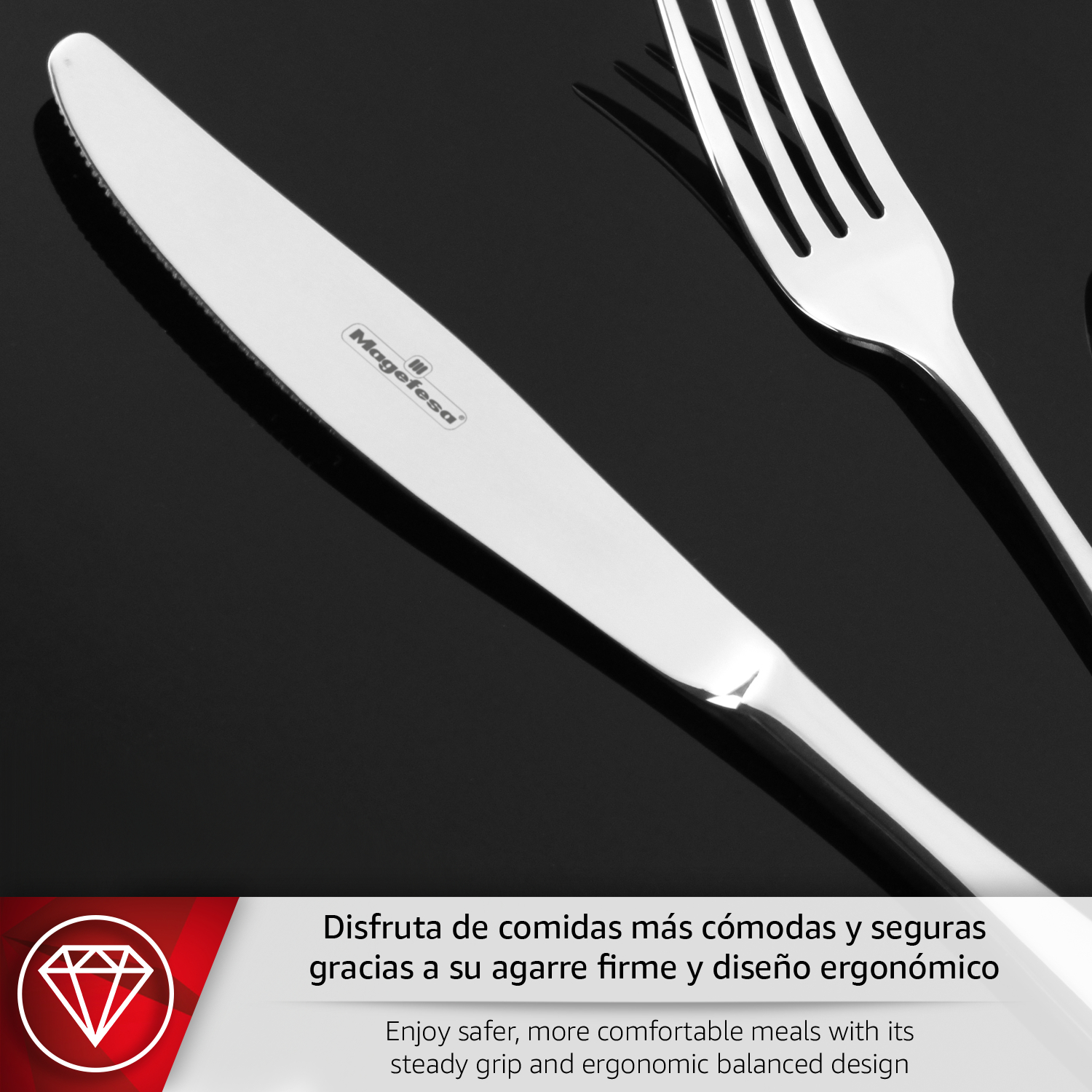 Un cuchillo y tenedor de metal sobre fondo negro. El cuchillo tiene la marca Magefesa.