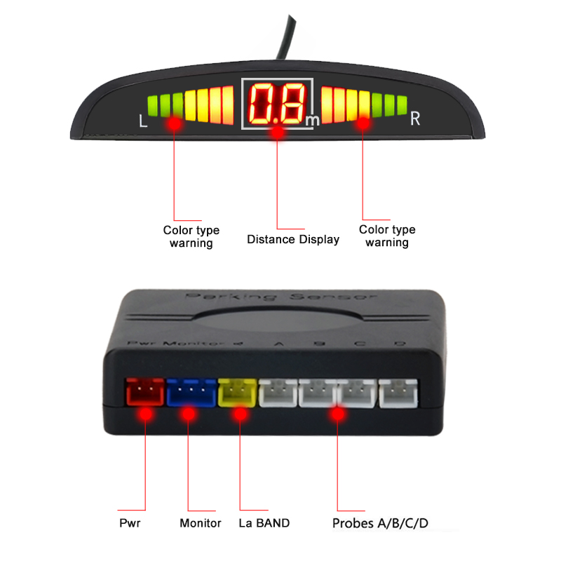 Una unidad de sensor de estacionamiento con pantalla digital de distancia y luces de advertencia.