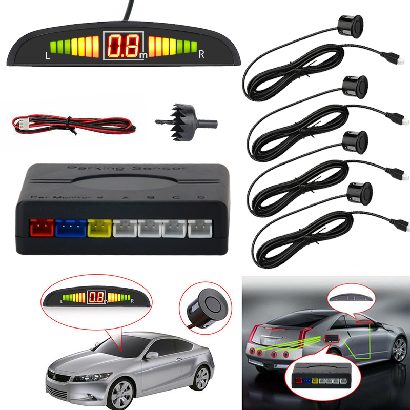 Kit de sensor de estacionamiento para coche con pantalla, unidad de control, sensores, broca y cables.