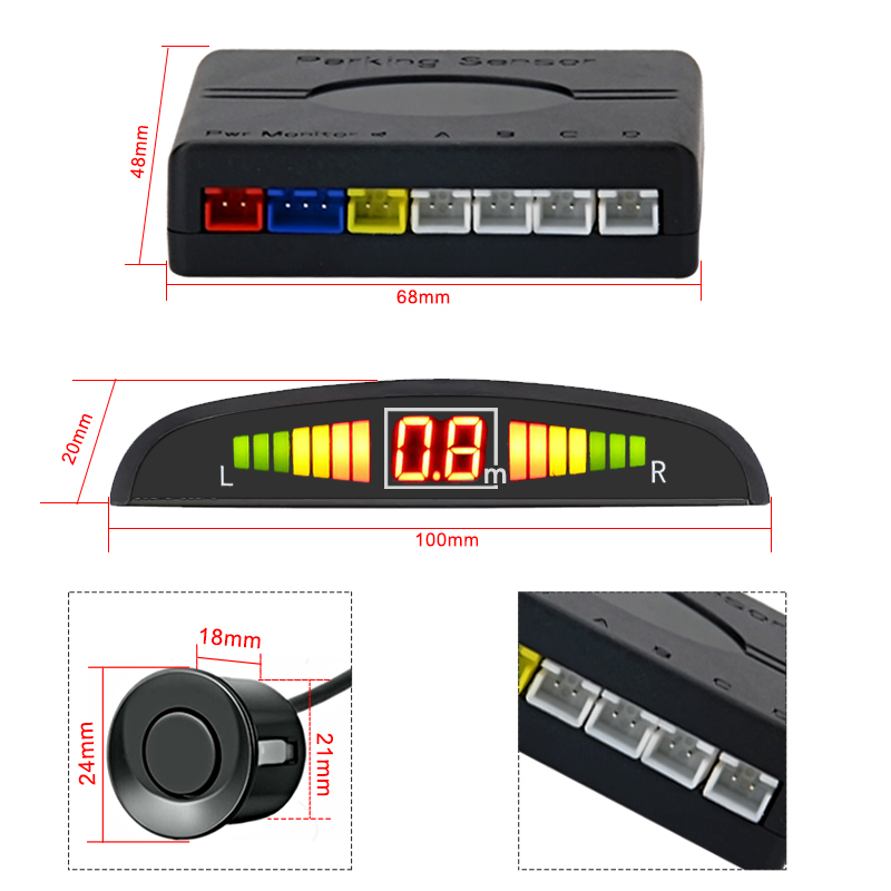 Kit de sensores de estacionamiento: unidad de control, pantalla y sensor con medidas.