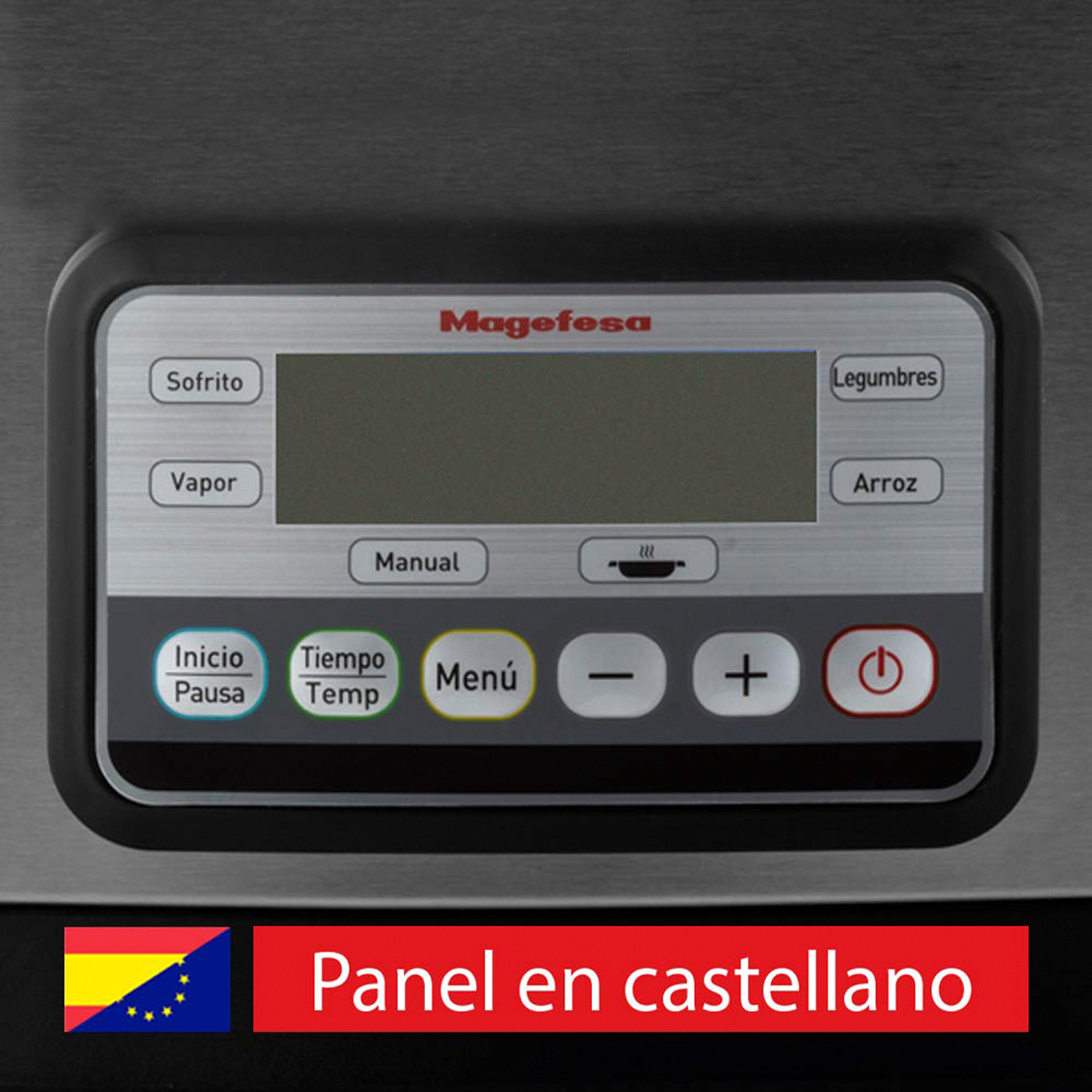 Panel de control de un aparato con botones y pantalla. En castellano.