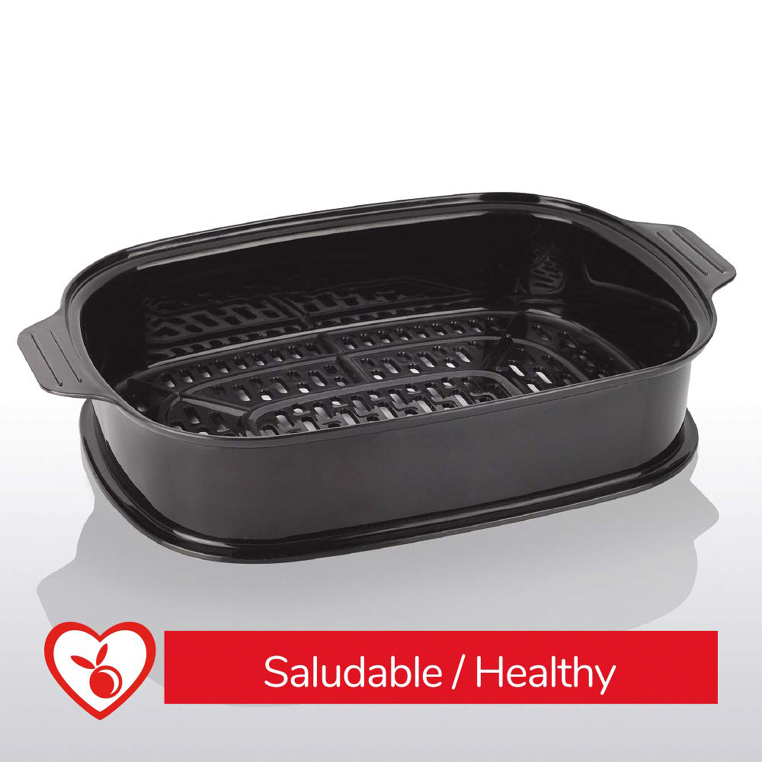 Inserto negro para una olla de cocina con asas y fondo perforado.