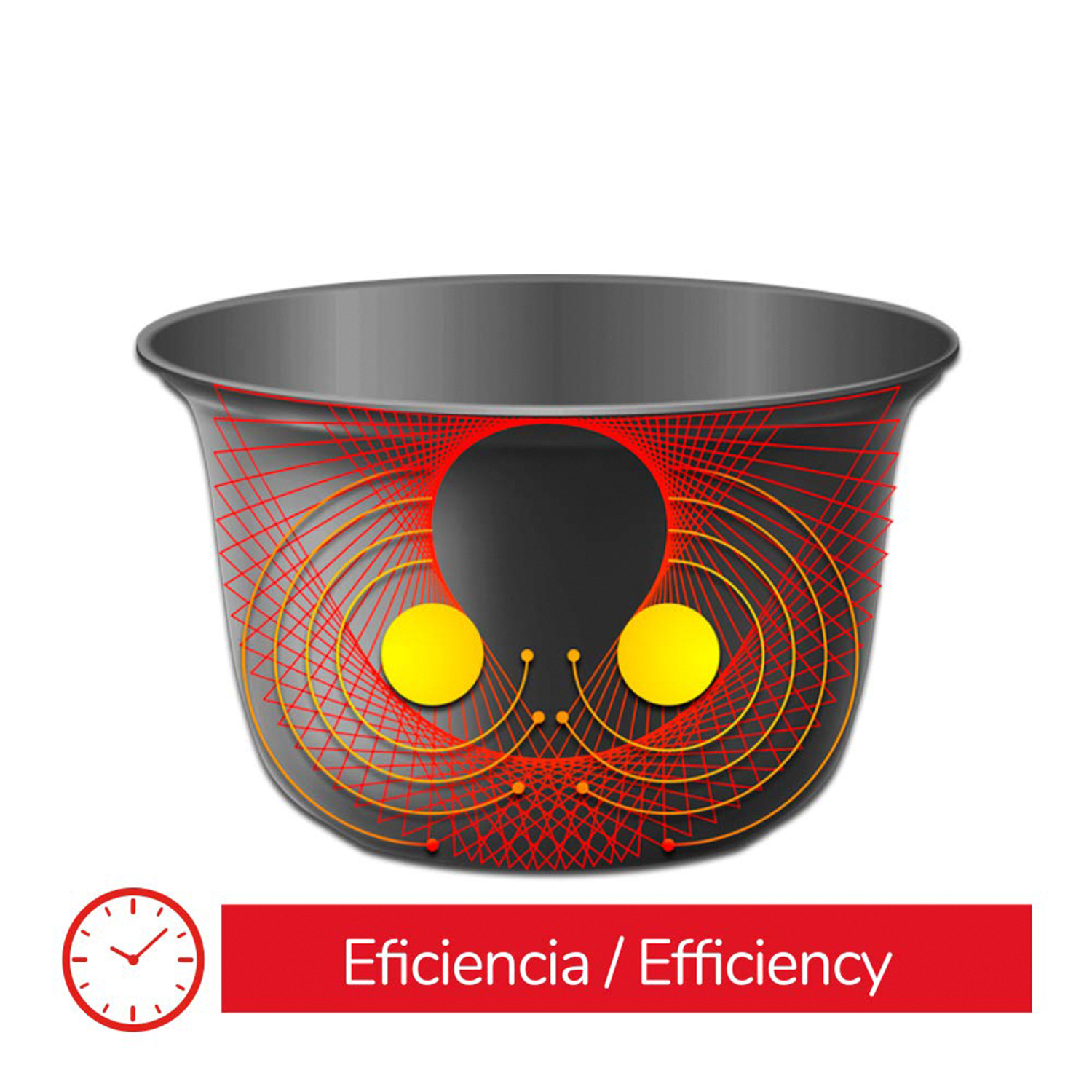 Cuenco gris con patrón rojo y amarillo. Icono de reloj y texto.
