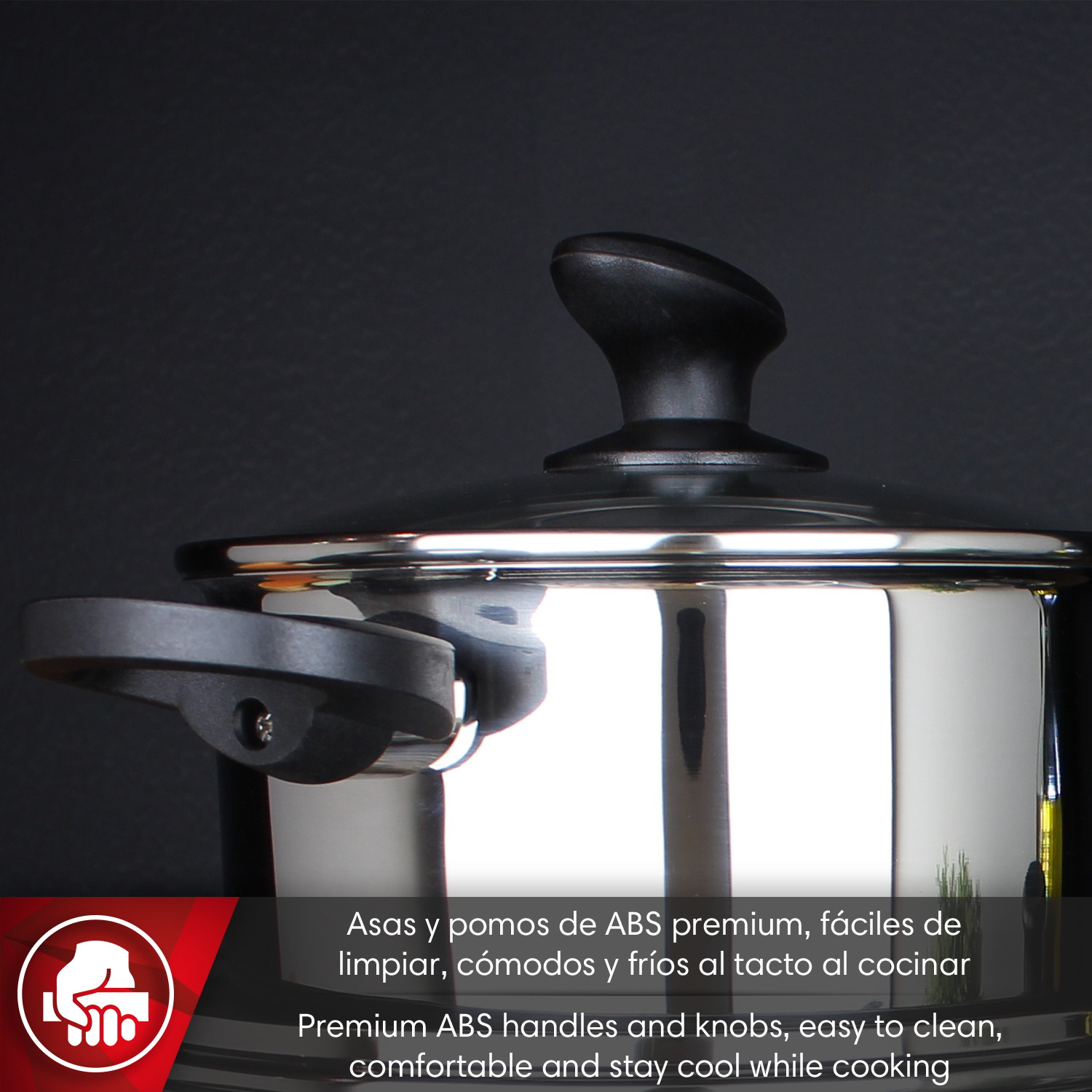 Olla de acero inoxidable con tapa de cristal y asa negra.