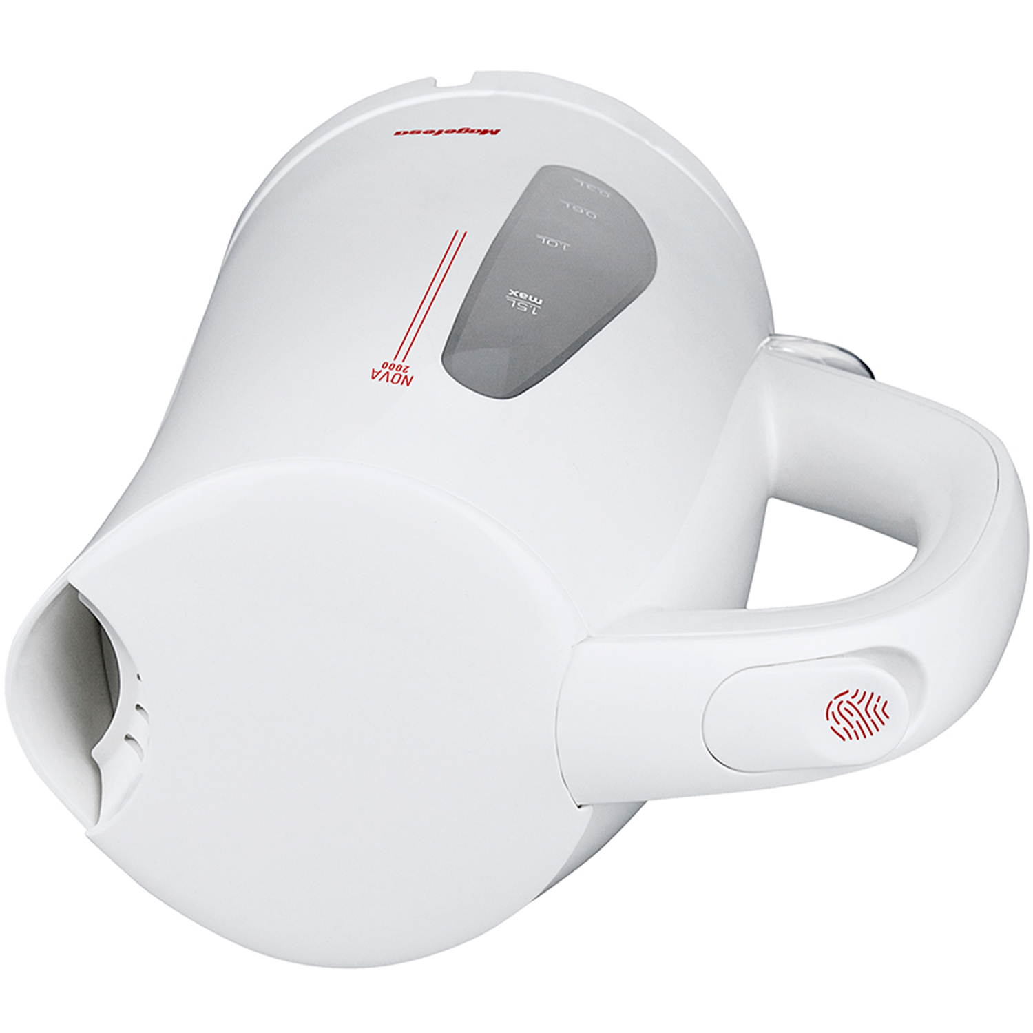Un hervidor eléctrico blanco con indicador de nivel de agua transparente y logo de huella dactilar roja en el asa.