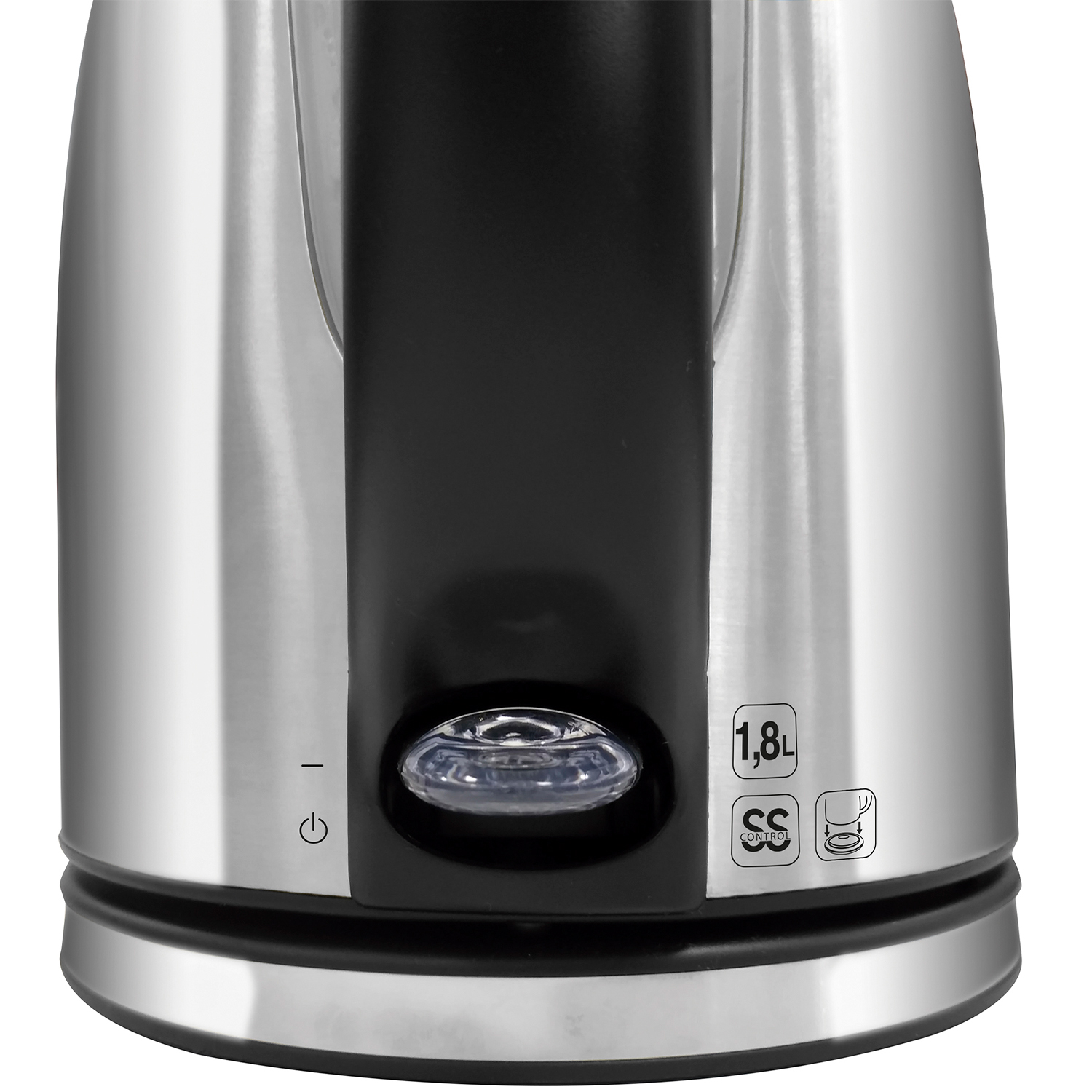 Primer plano de hervidor plateado con acento negro y controles, capacidad 1.8L.