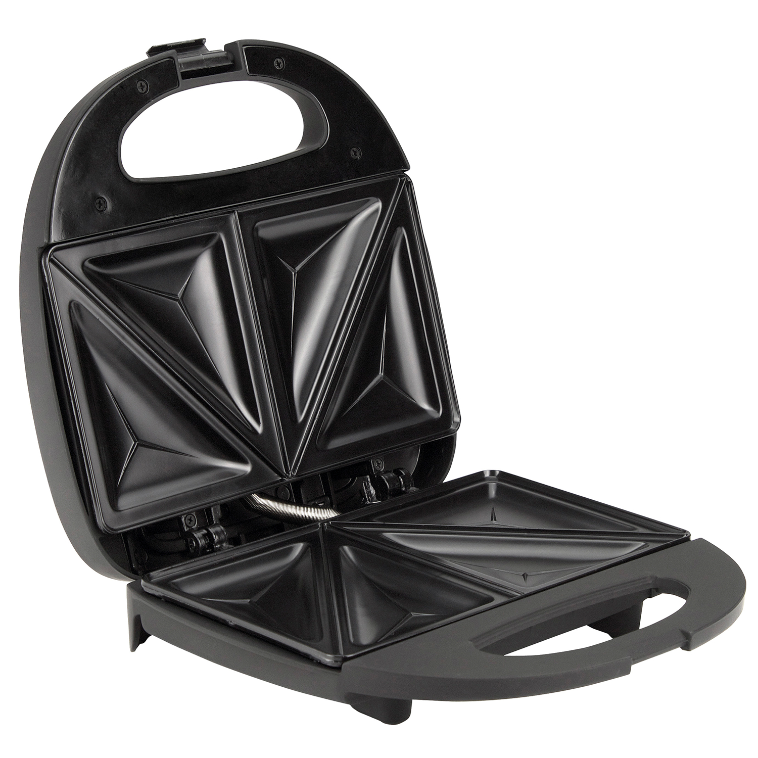 Una sandwichera negra abierta con placas calefactoras triangulares.