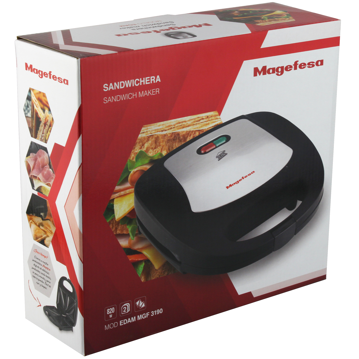 Caja de sandwichera Magefesa, mostrando un sándwich y el aparato.