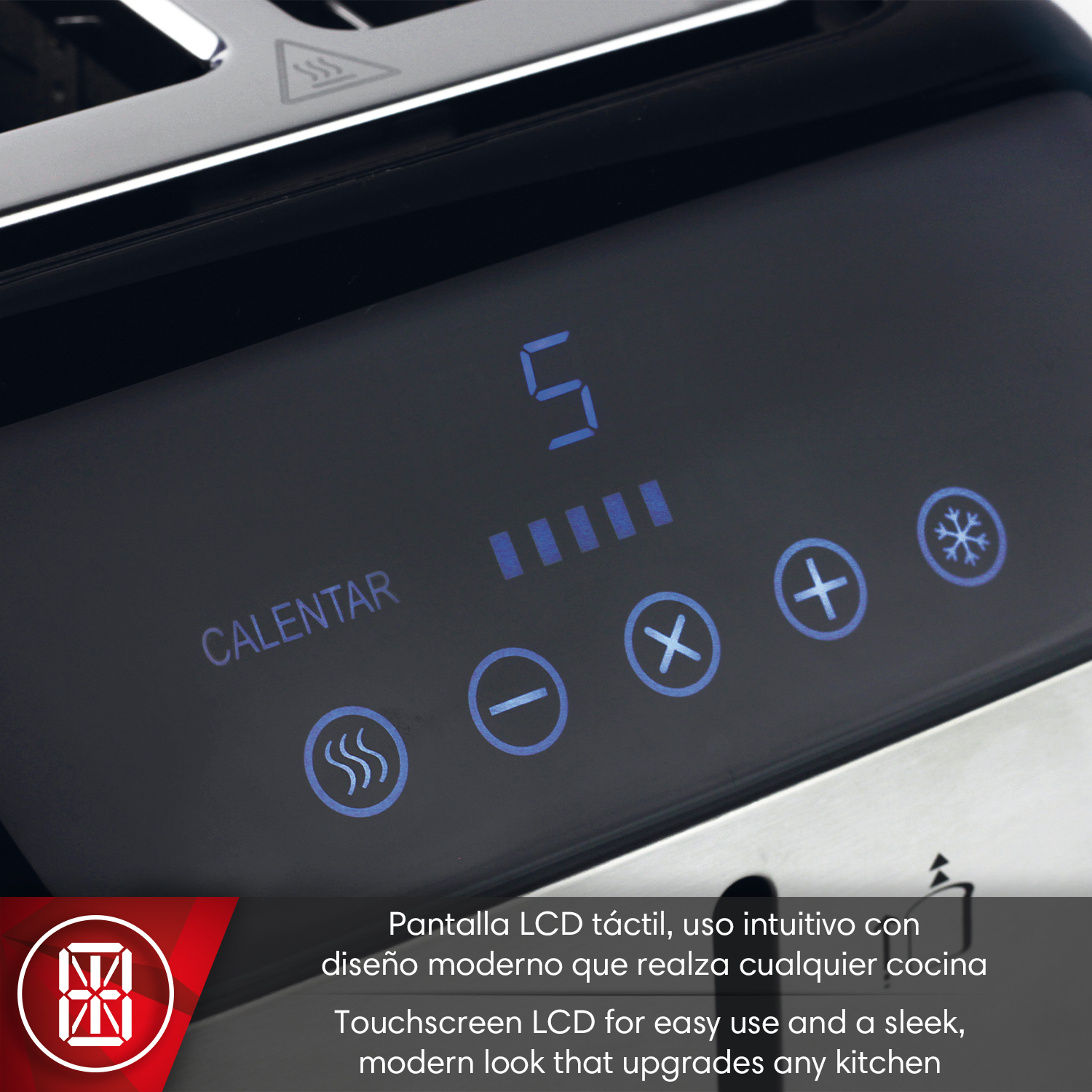 Pantalla de tostadora con LCD, iconos y controles. Modo calor activo.
