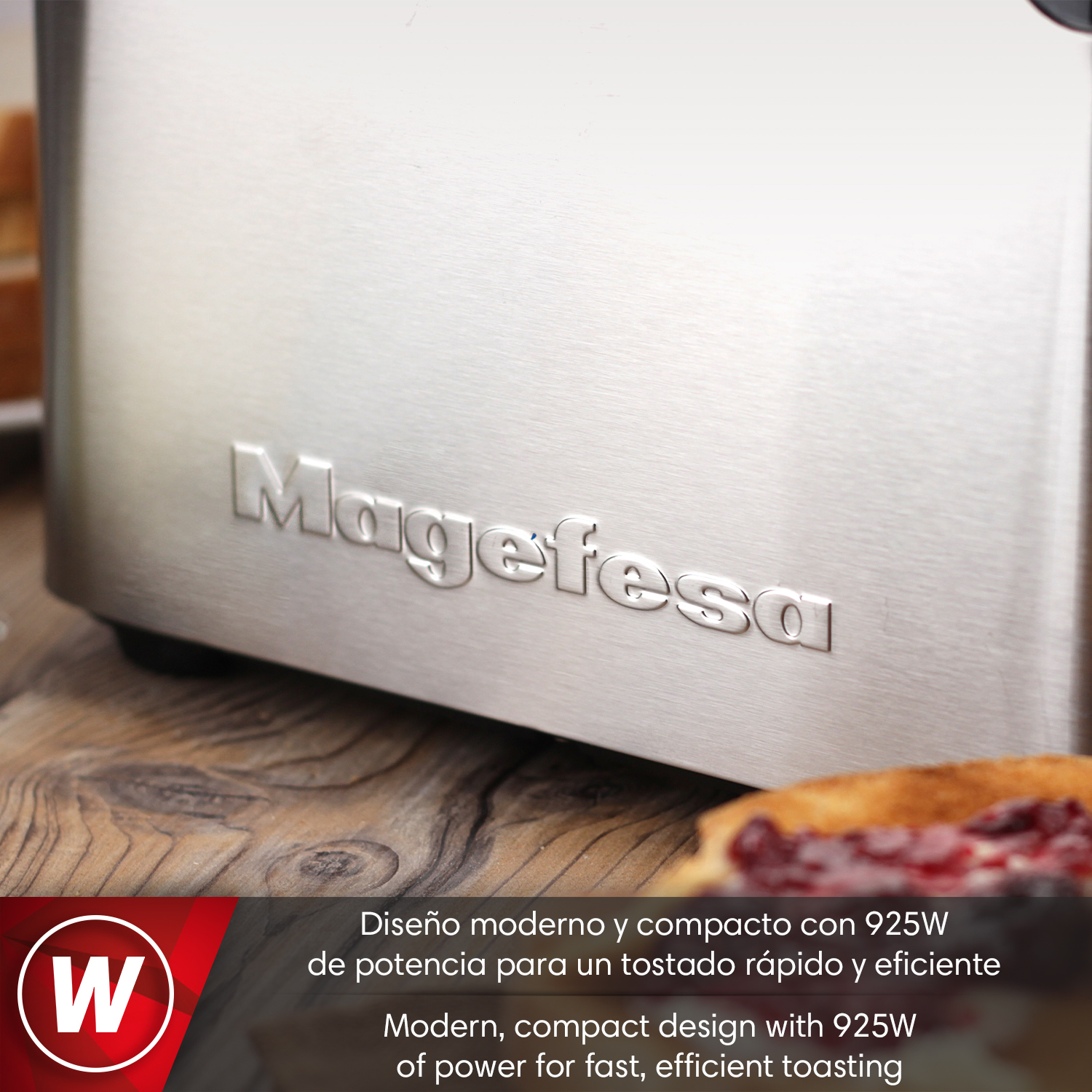 Tostadora de acero cepillado con logo Magefesa, tostada con mermelada.