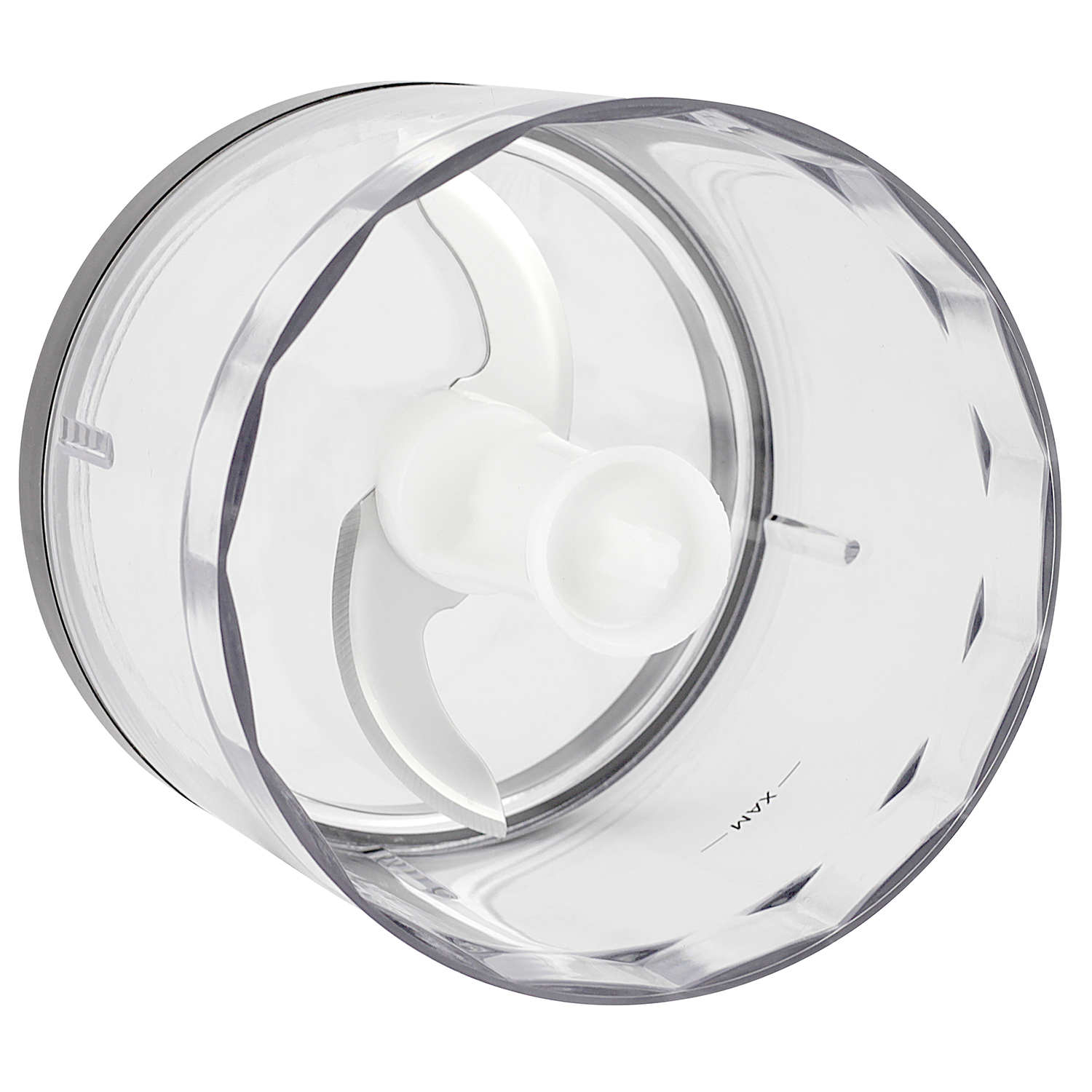 Un recipiente transparente con cuchilla de corte blanca, sobre fondo blanco.