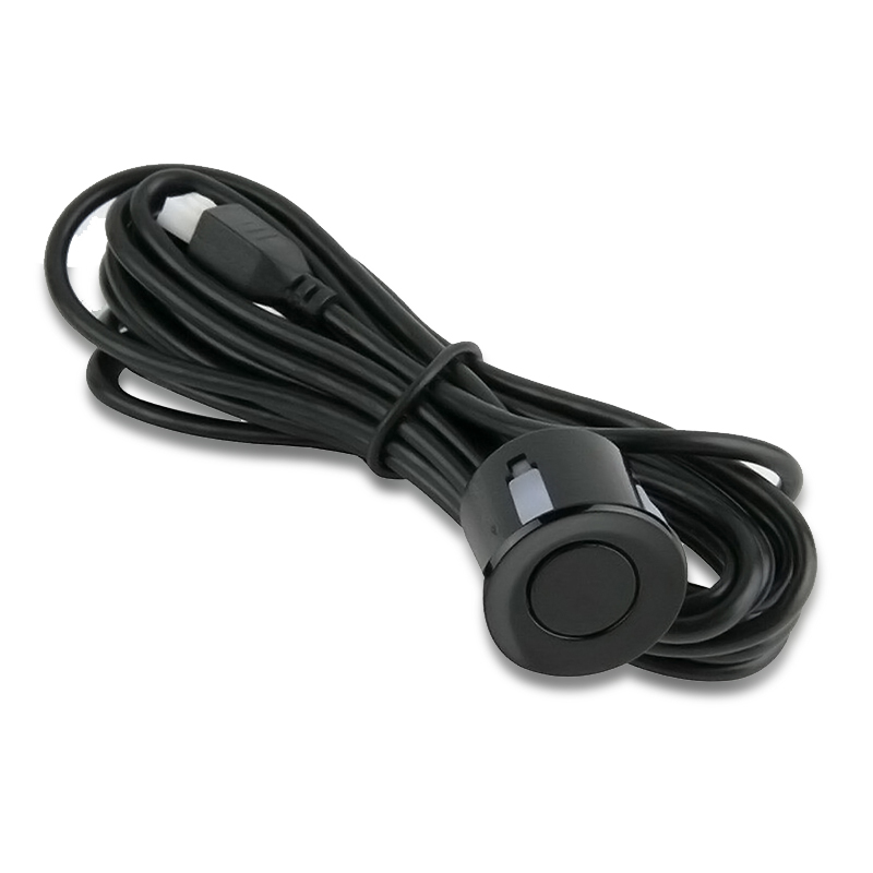 Un cable de sensor de estacionamiento negro con conector sobre fondo blanco.