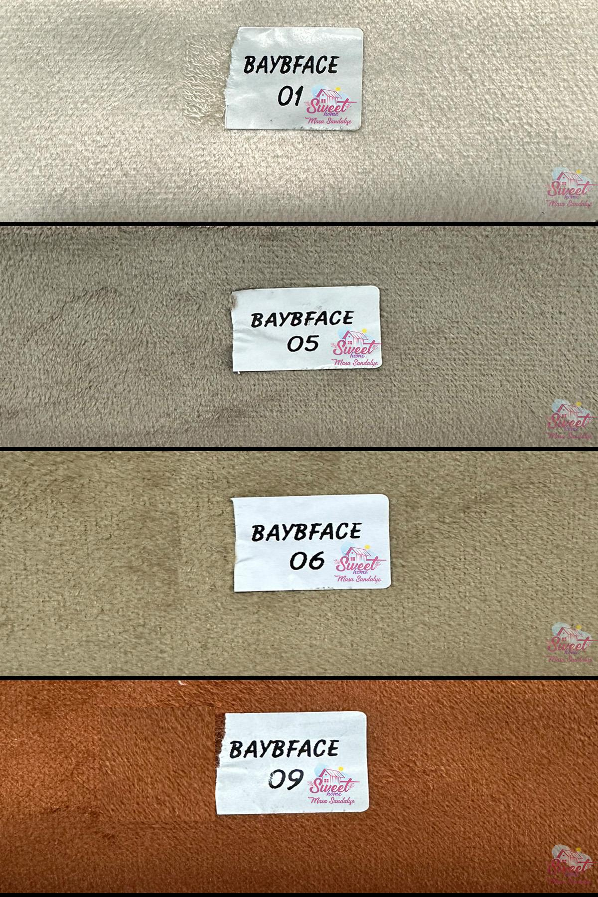 Etiketli, çeşitli renklerde dört kumaş örneği: BAYBFACE 01, 05, 06, 09.
