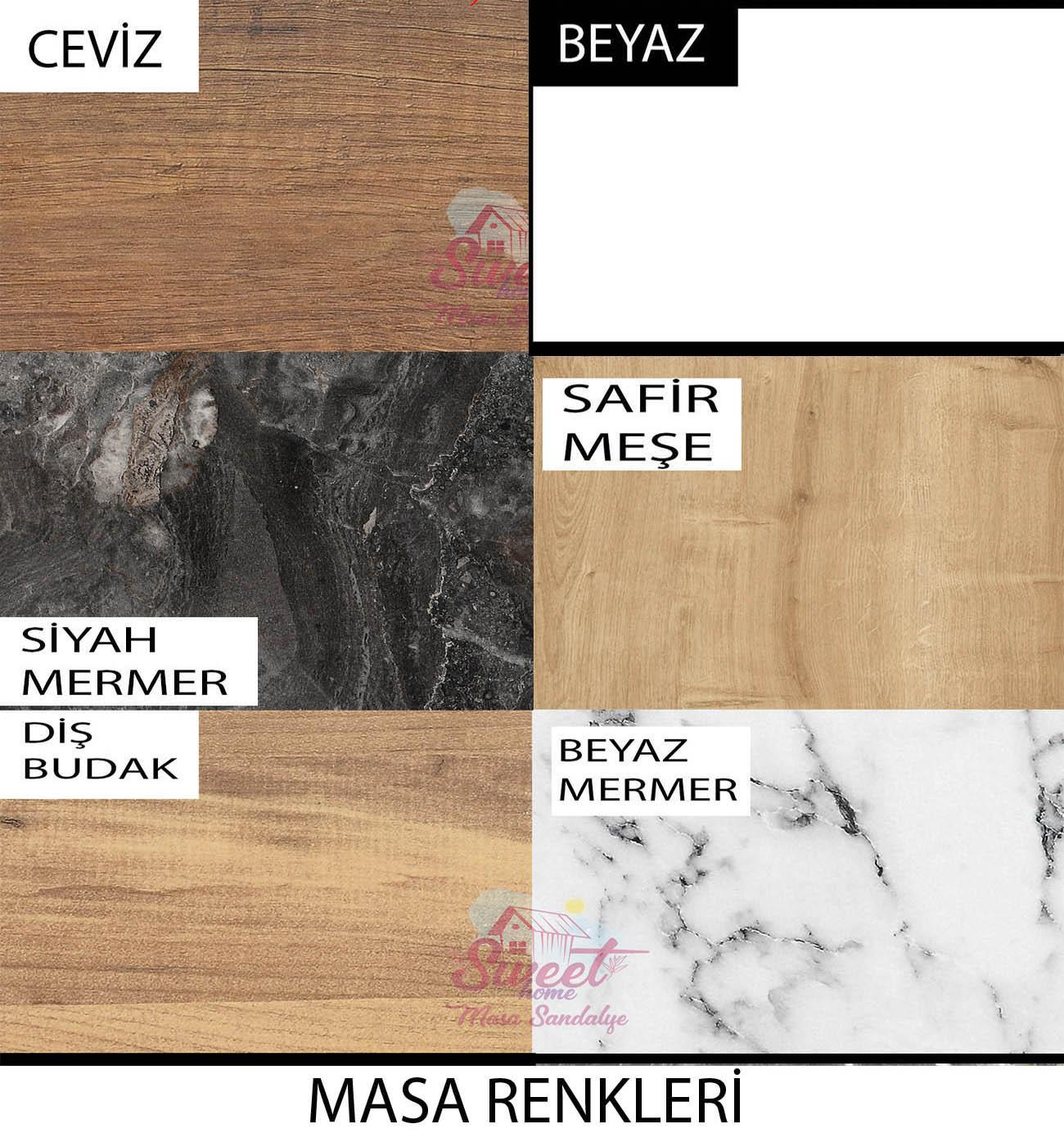 Ceviz, Beyaz, Siyah, Safir Meşe renklerinde ahşap ve mermer örnekleri.