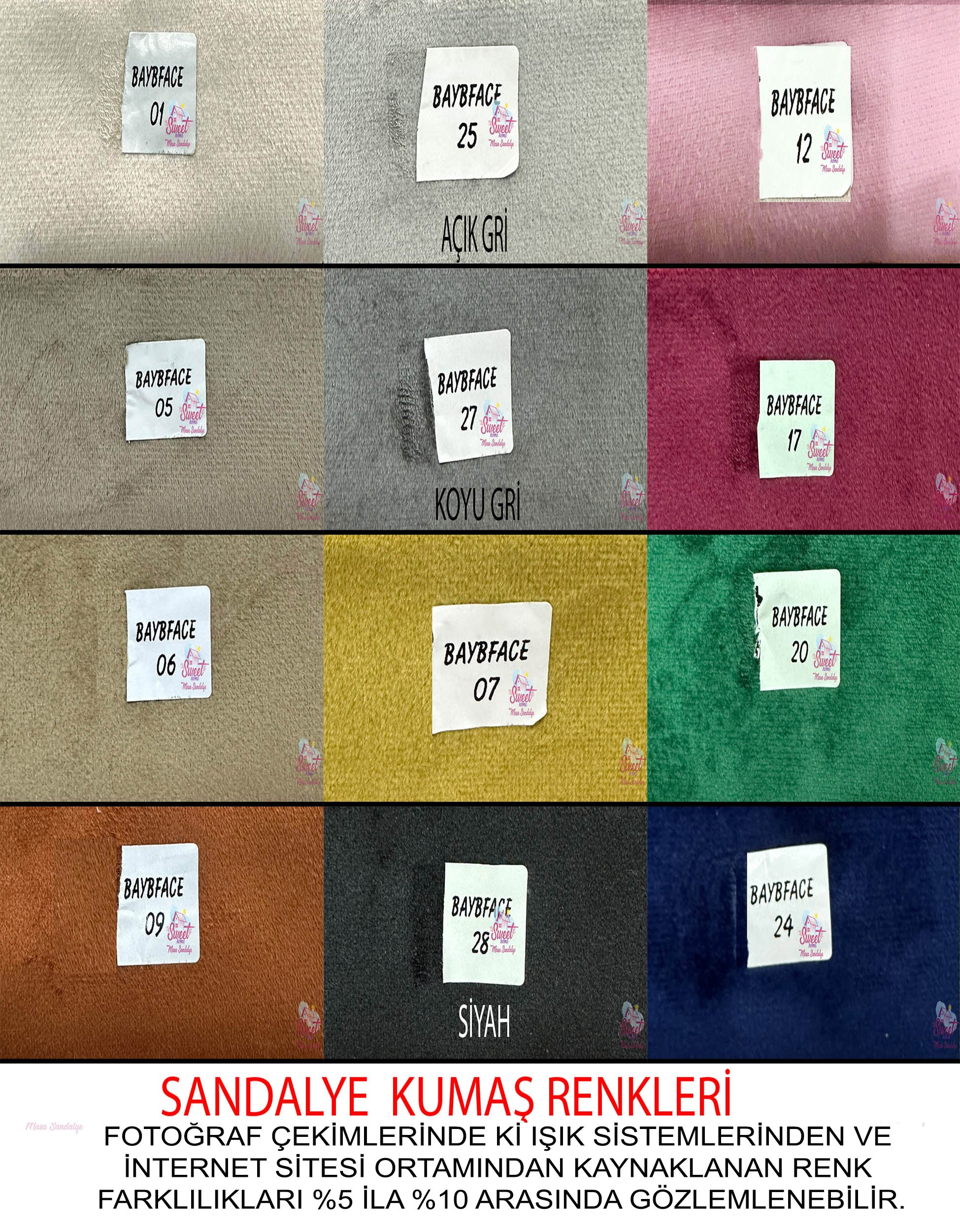 Numaralar ve ürün adları olan 12 farklı renk kumaş numunesi.