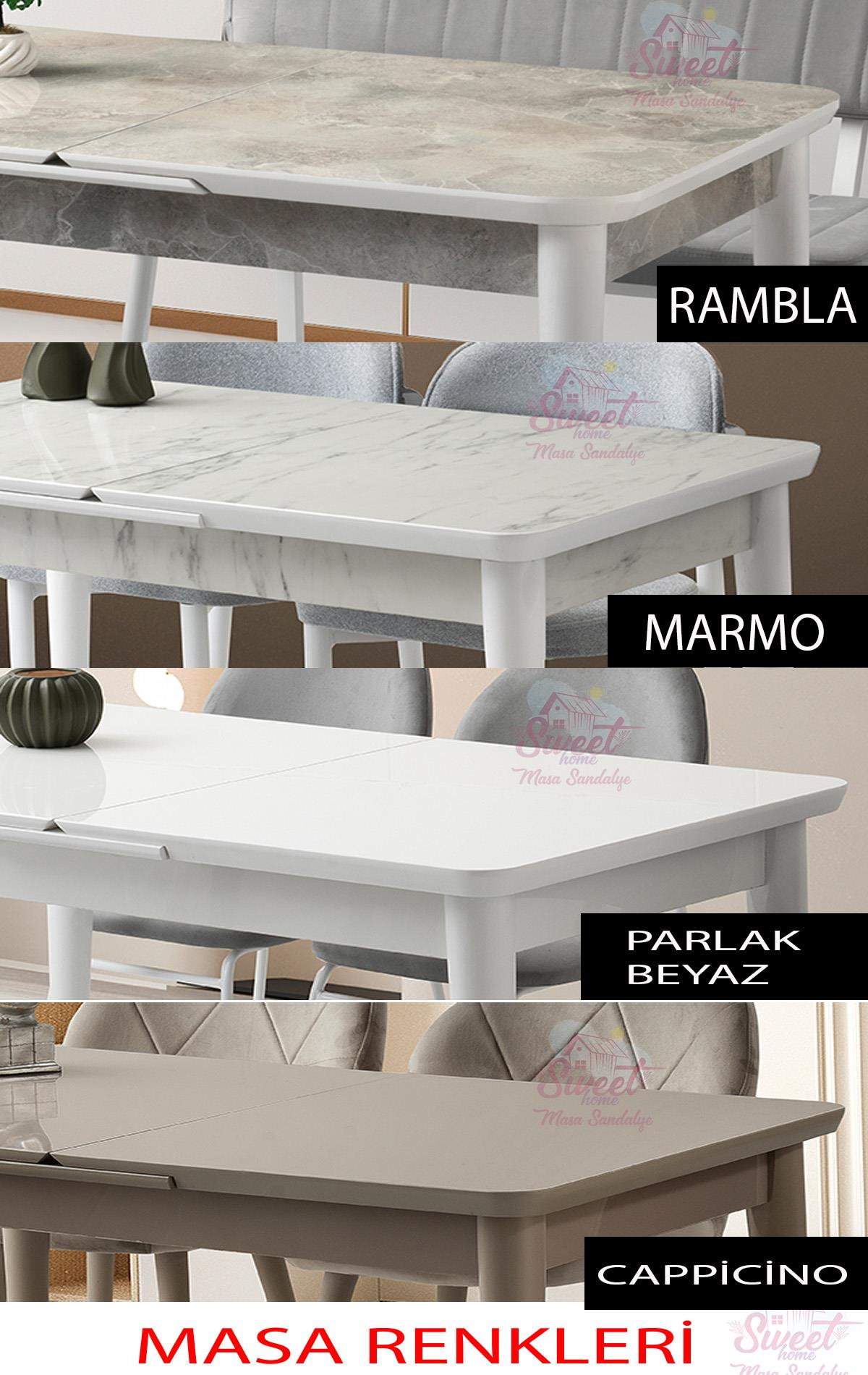 Dört yemek masası farklı yüzeylerle: Rambla, Mermer, Parlak Beyaz ve Cappuccino.
