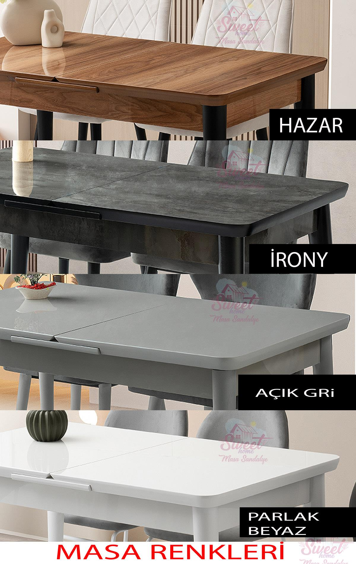 Ahşap, gri, açık gri ve beyaz bitişli dört yemek masası.