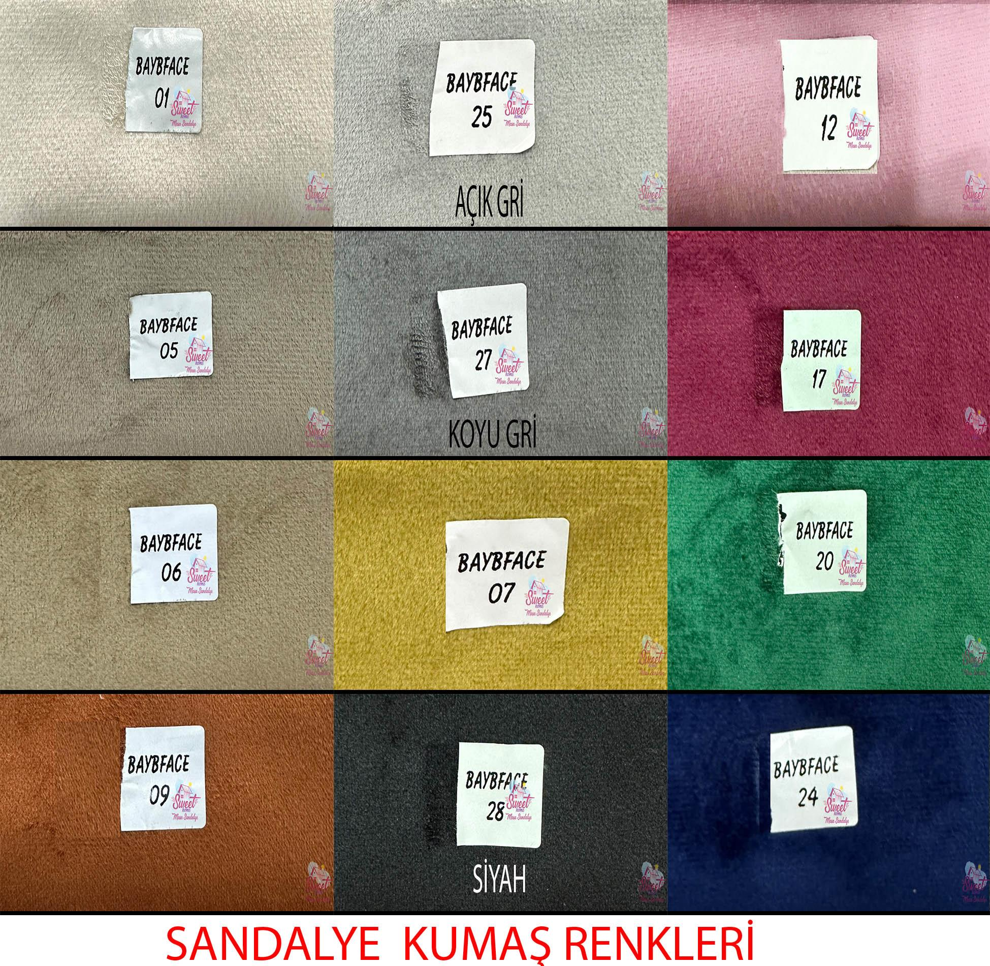 Çeşitli renklerde kumaş örneklerinin ızgarası, her birinde etiket.