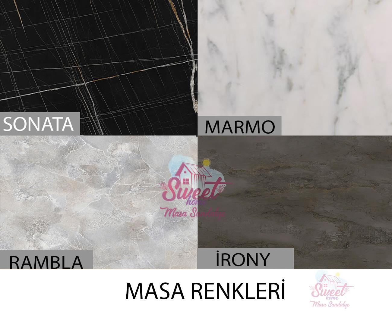 Dört masa yüzeyi deseni: beyaz çizgili siyah, mermer, gri ve dokulu kahverengi.