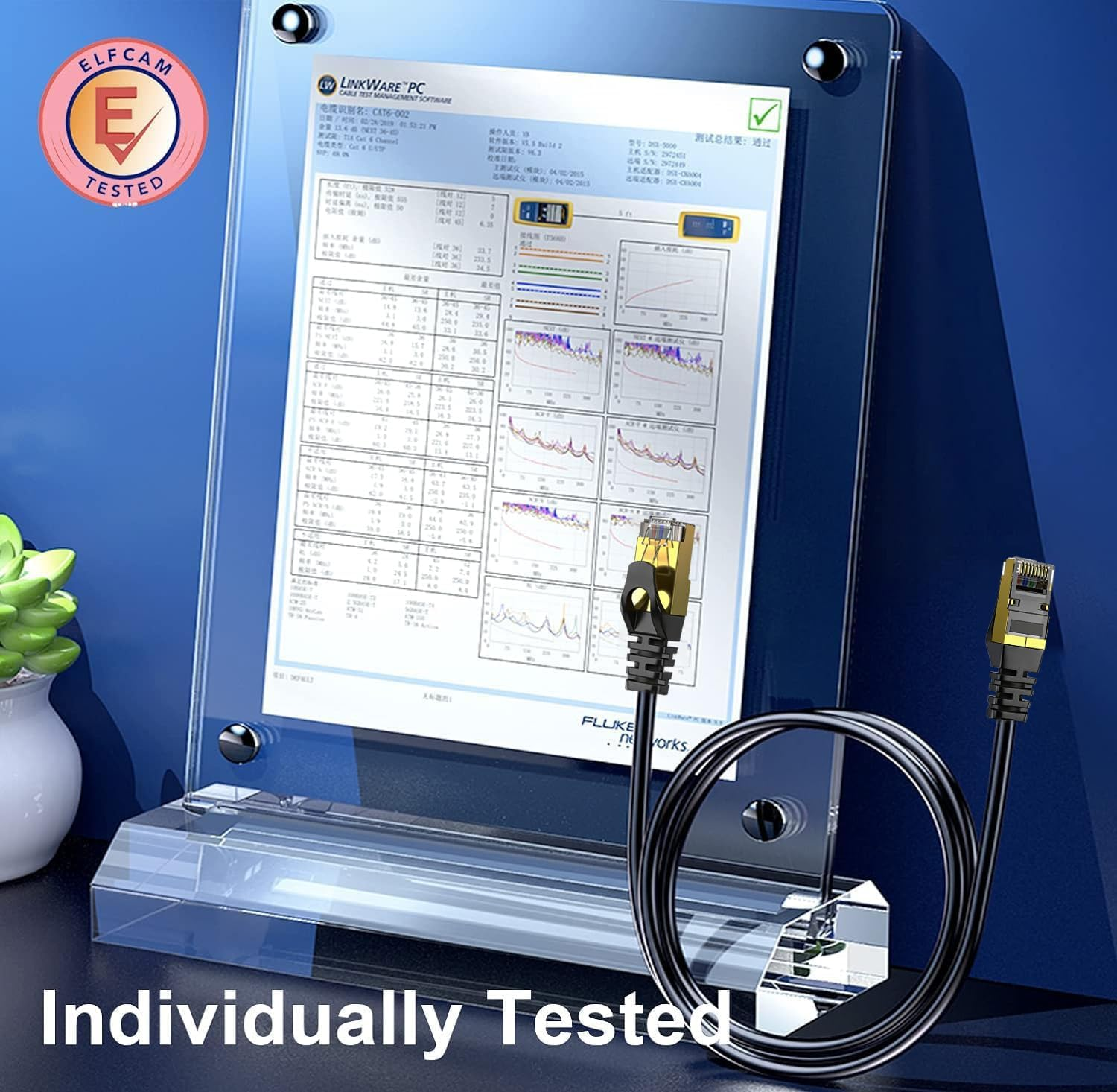Ein Netzwerk-Testbericht mit Ethernet-Kabeln und einem 'Individually Tested'-Siegel.
