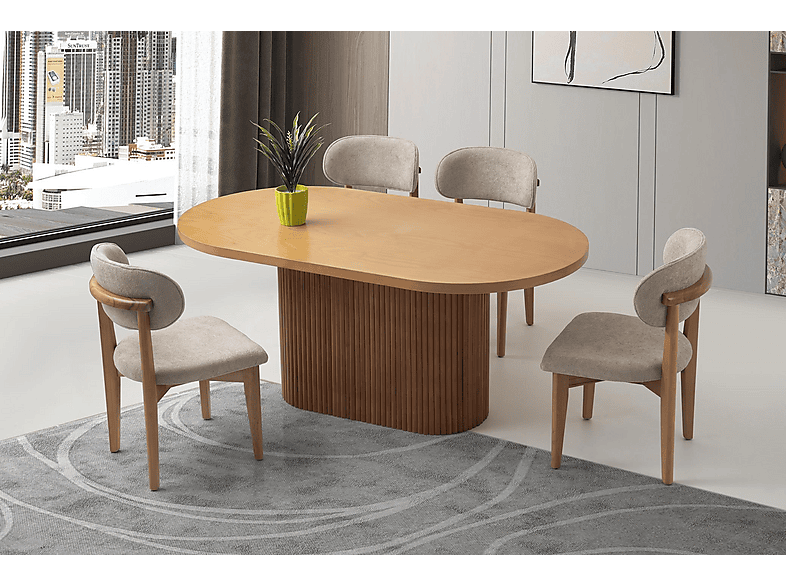 SWEET HOME MASA SANDALYE Orkide Oval Yemek Masası Nergis Sandalye Natural 90x160 cm (1 Masa 4 Sandalye ) Masa Sandalye Takımı