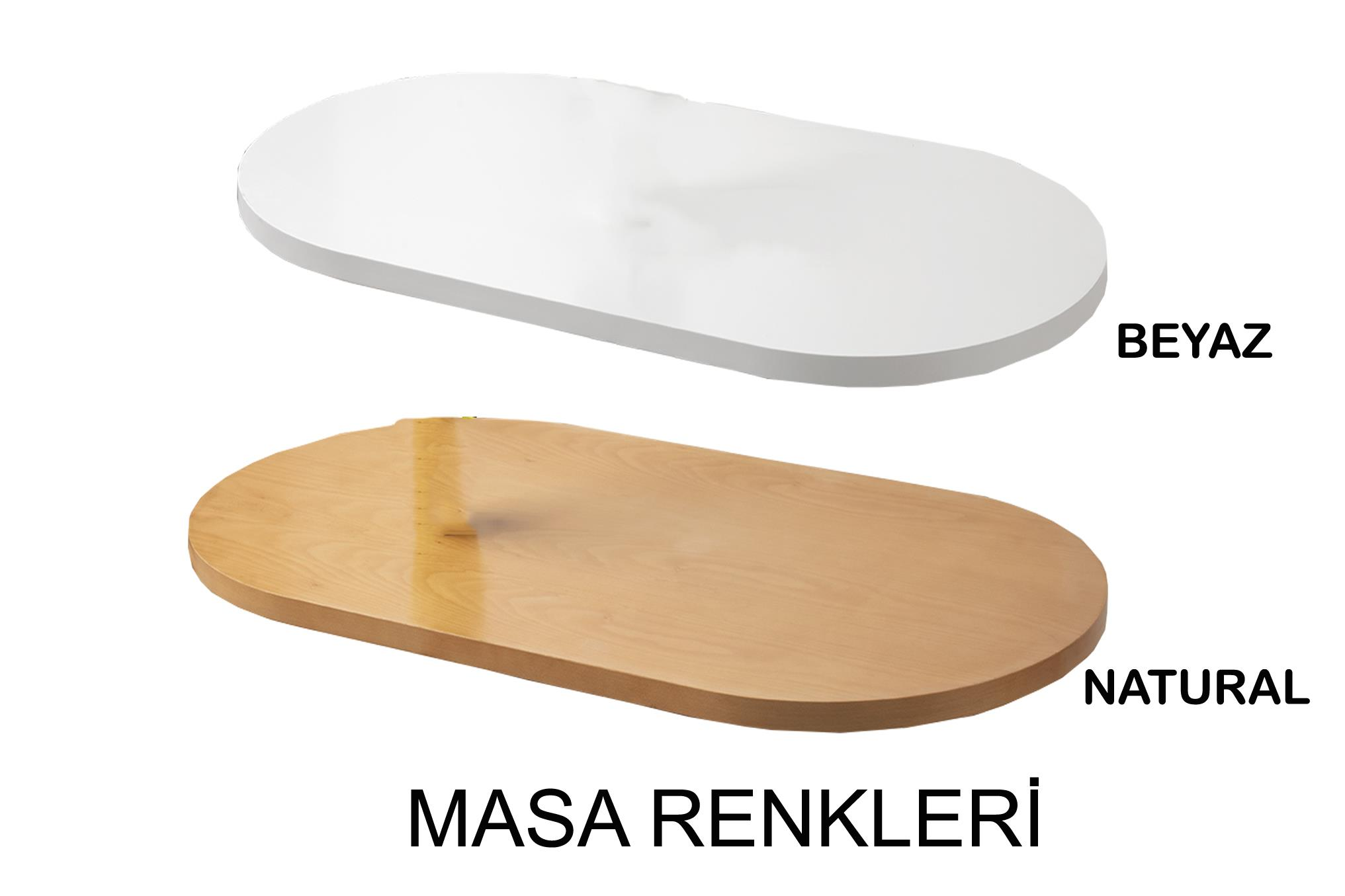 Yan yana iki oval masa tablası, biri beyaz, biri doğal ahşap renginde.