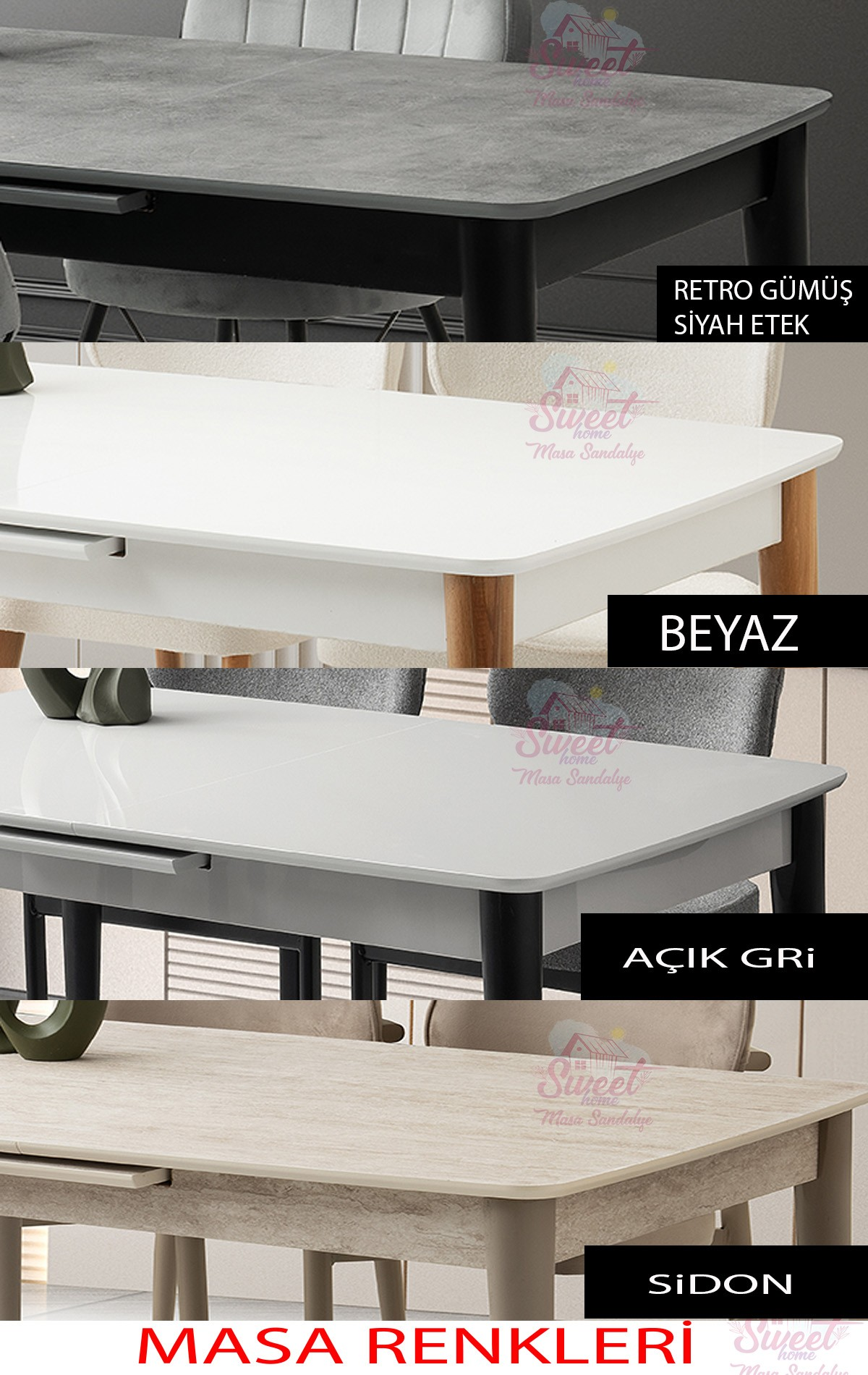 Dört masa tablası farklı renklerde: gri, beyaz, açık gri, bej.