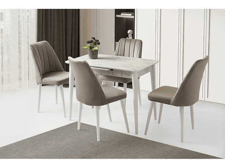 SWEET HOME MASA SANDALYE Açılır 60x100 cm Mini Silva Marmo Masa 4 Adet Sude Masa Sandalye Takımı
