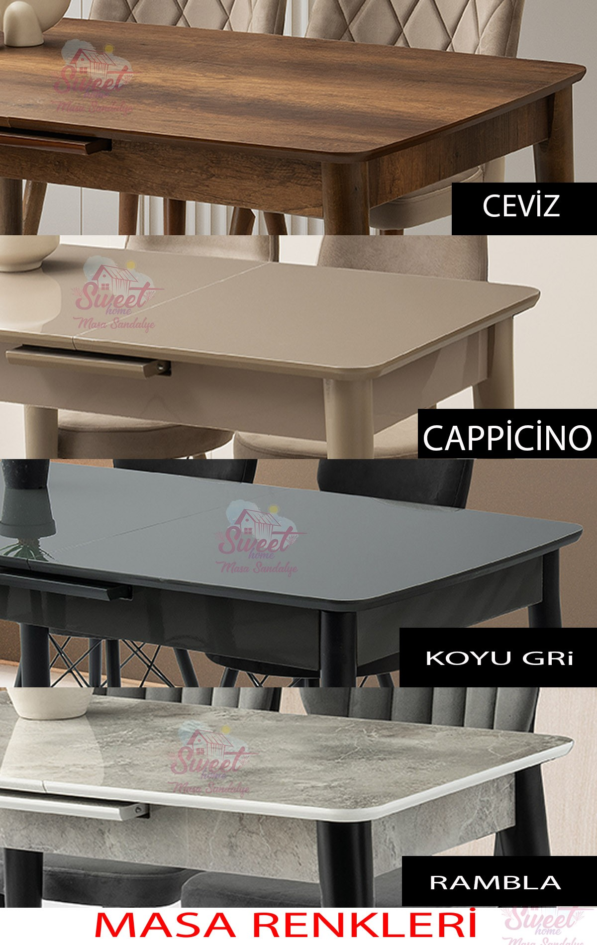 Dört farklı renkte yemek masası: ceviz, cappuccino, koyu gri, mermer.