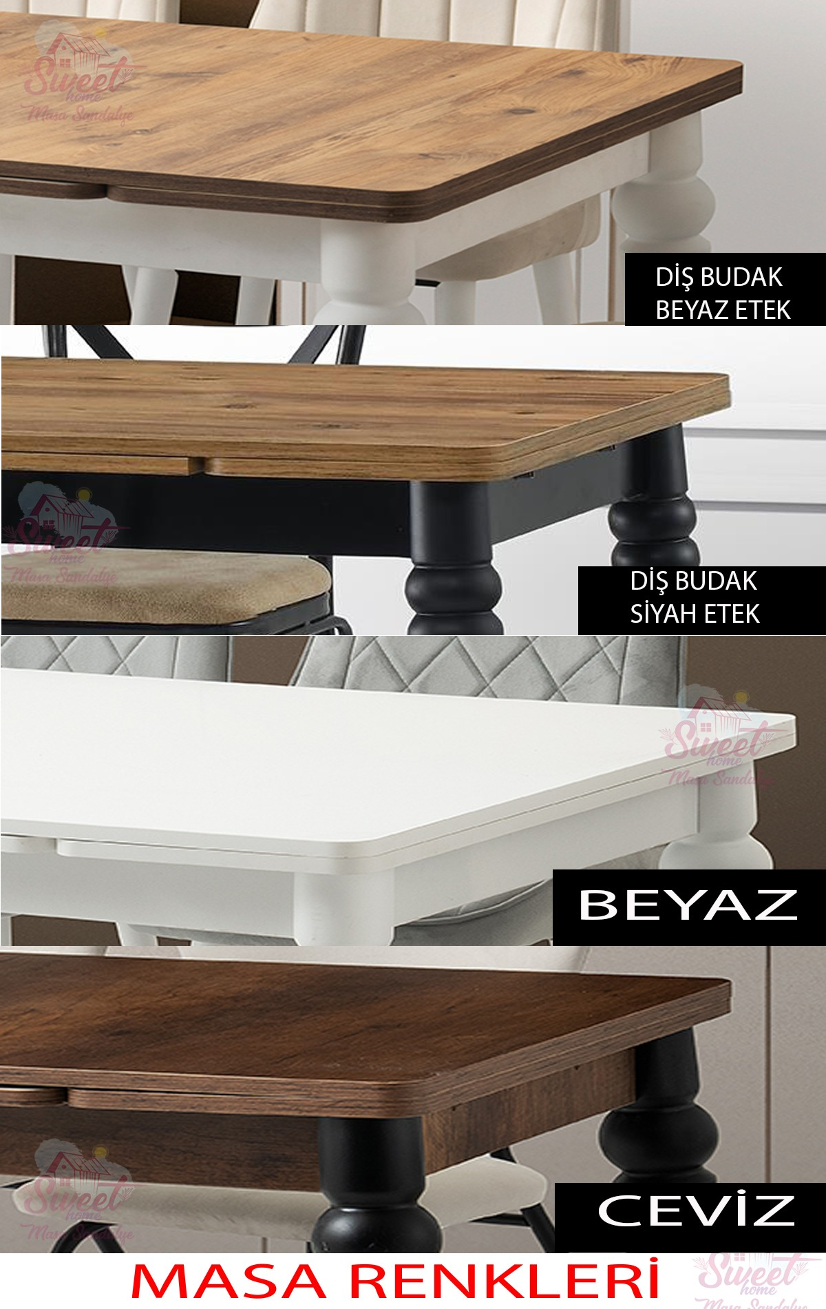 Dört renk masa: beyaz etekli ahşap, siyah etekli ahşap, beyaz ve ceviz.