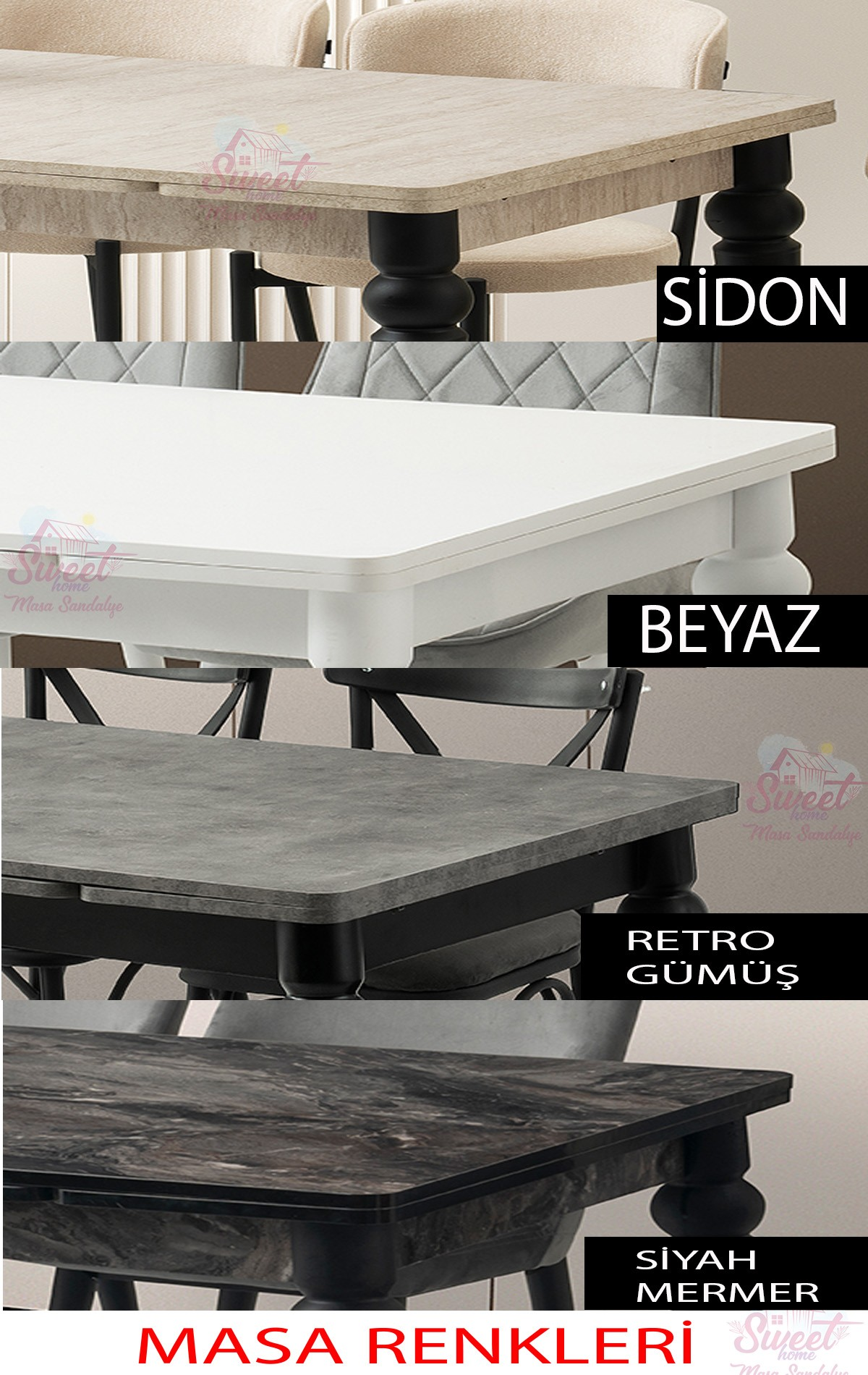 Dört farklı masa üstü rengi: Sidon, Beyaz, Retro Gümüş ve Siyah Mermer.