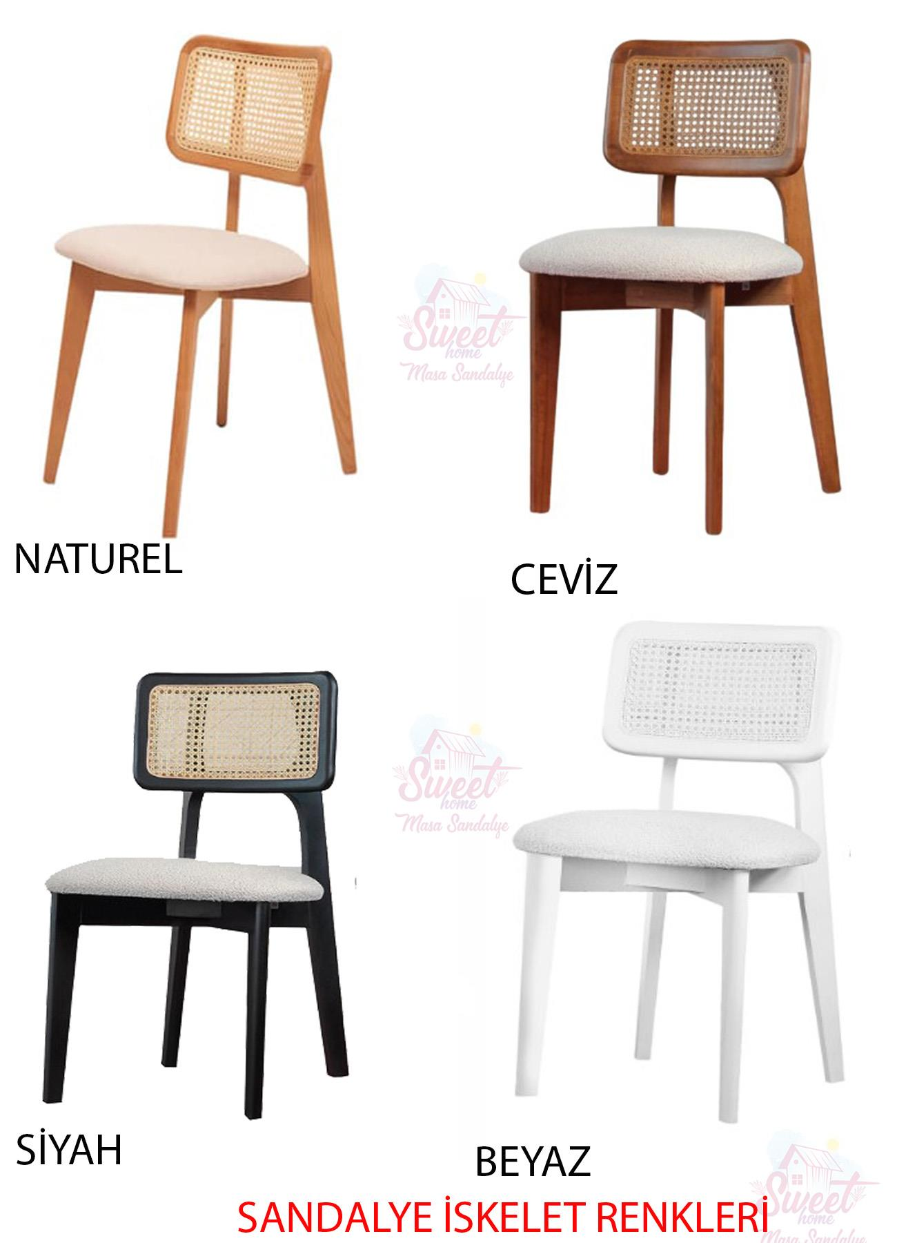 Dört sandalye: doğal ahşap, ceviz, siyah ve beyaz, hasır detaylı.