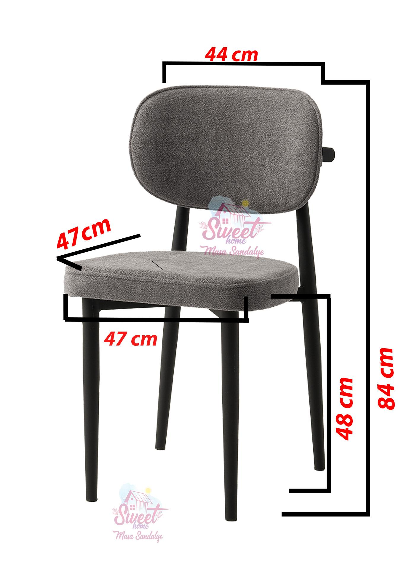 Siyah bacaklı gri döşemeli sandalye. Ölçüler: 44cm, 47cm, 48cm, 84cm.