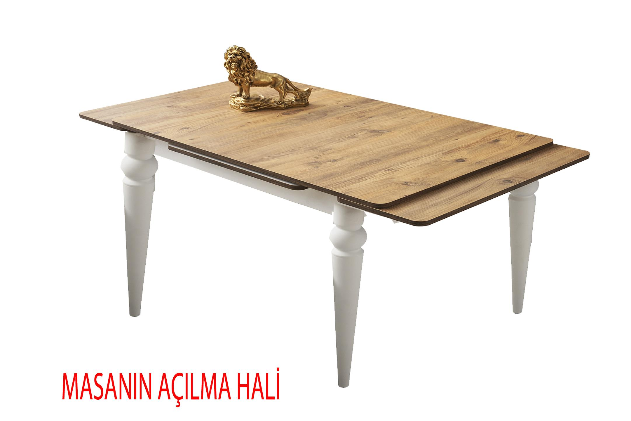 Beyaz bacaklı, ahşap uzatılabilir masa üzerinde aslan figürü.