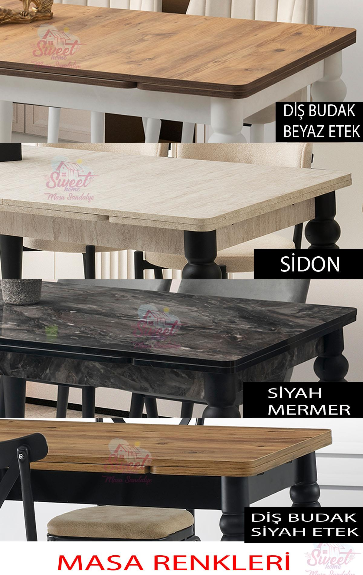 Dört masa tablası seçeneği: ahşap desen beyaz, Sidon, siyah mermer, ahşap desen siyah.