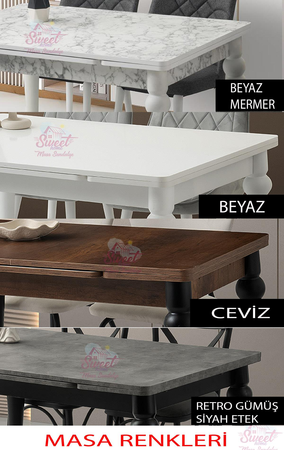 Dört masa gösteriliyor: mermer, beyaz, ahşap ve gri. Her biri farklı ayaklı.