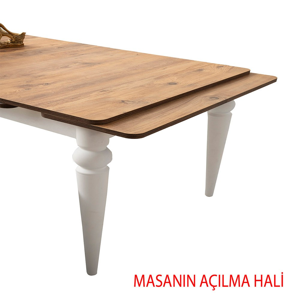 Beyaz bacaklı ahşap açılabilir masa, beyaz arka plan üzerinde.