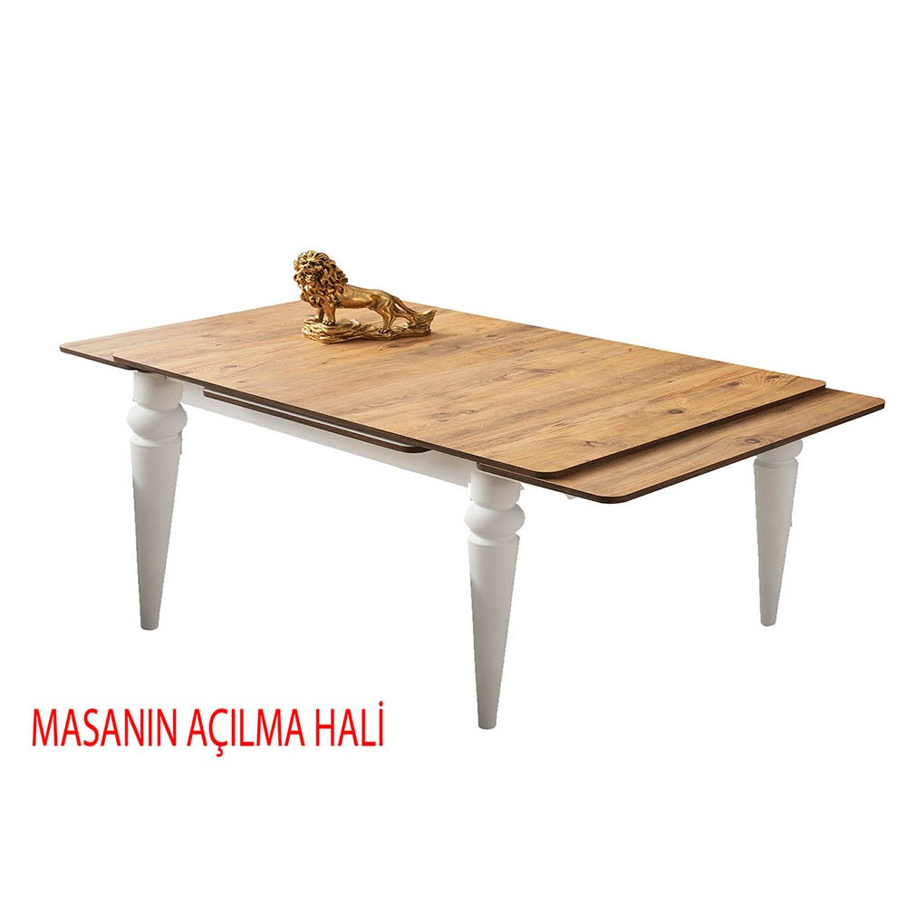 Beyaz ayaklı, uzatılabilir ahşap masa ve aslan biblosu.
