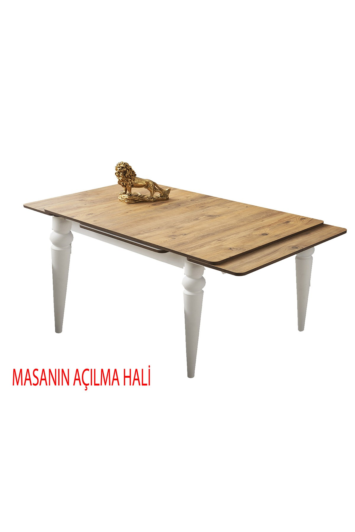 Beyaz bacaklı, açılabilir ahşap masa üzerinde aslan figürü.