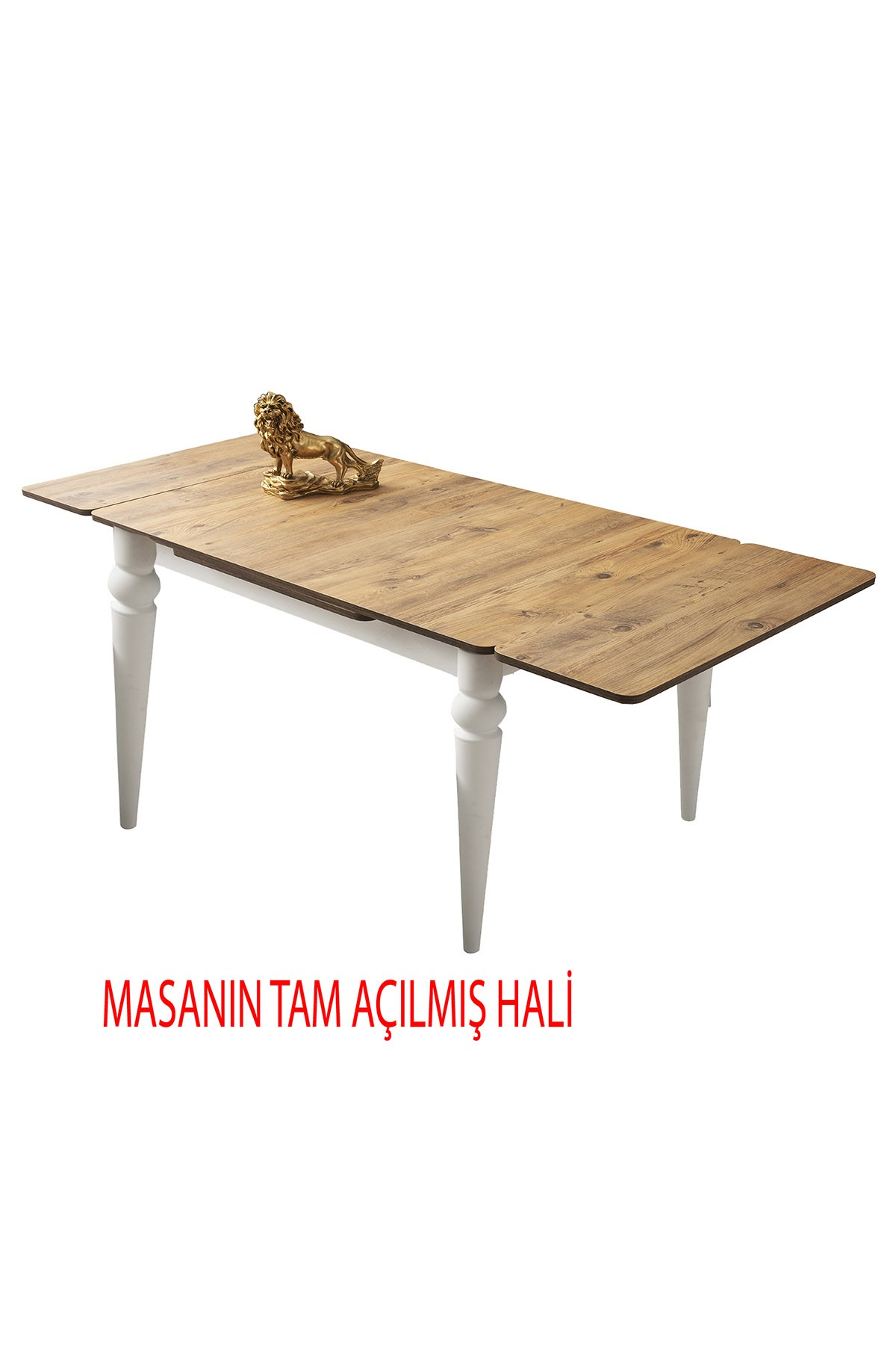 Aslan figürlü, beyaz bacaklı, ahşap açılabilir yemek masası.