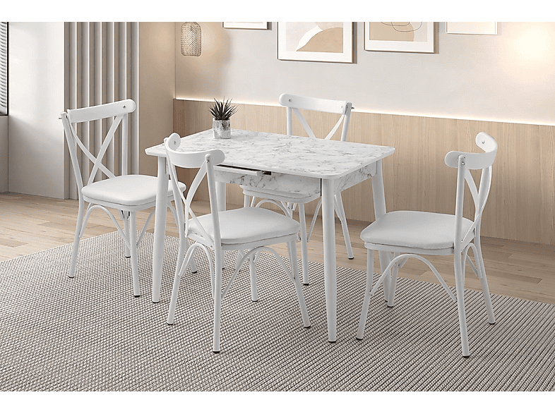 SWEET HOME MASA SANDALYE Açılır 60x100 cm Mini Silva Beyaz Mermer Masa 4 Adet Çapraz Masa Sandalye Takımı