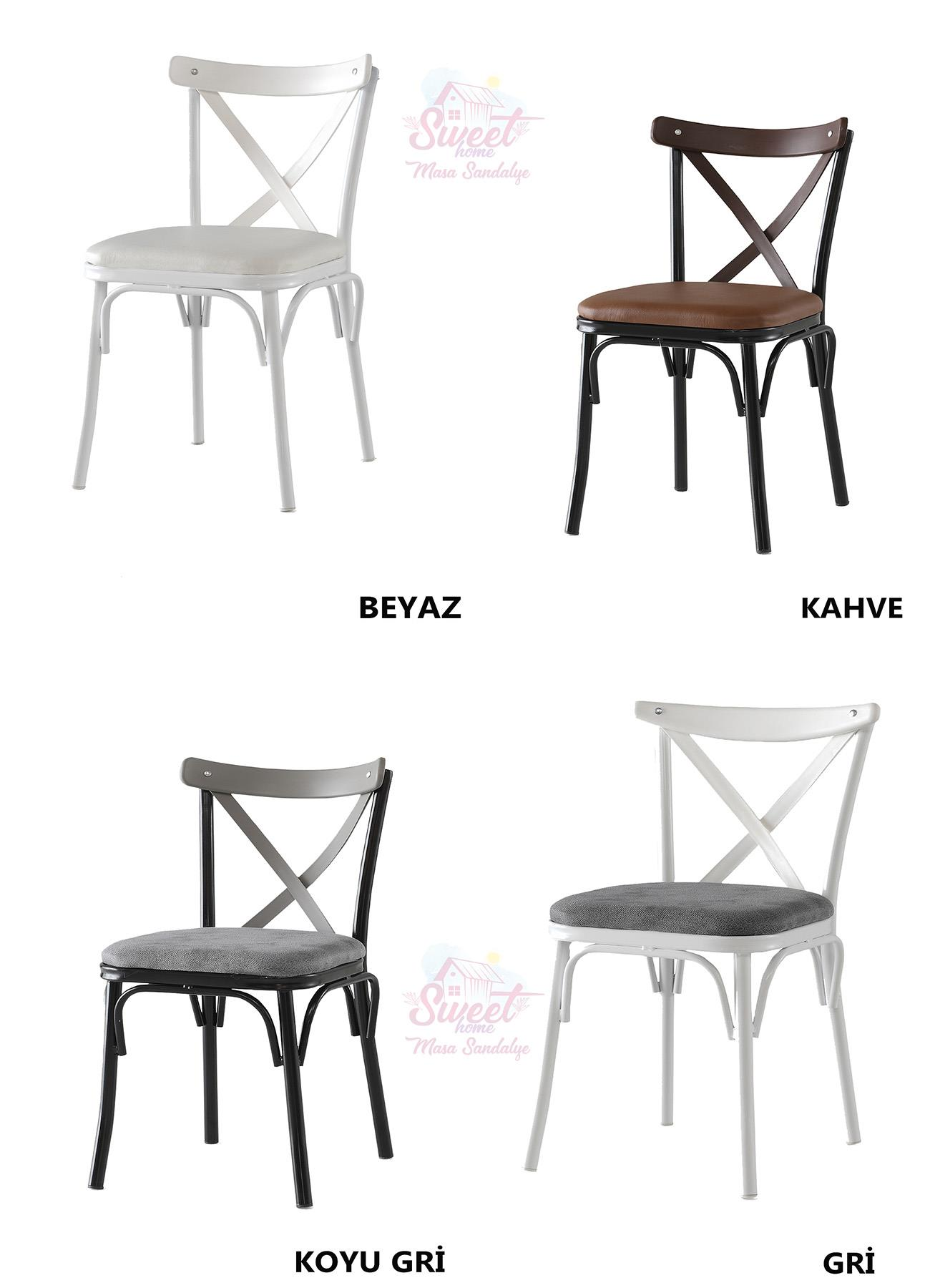 Dört sandalye: beyaz, kahverengi, koyu gri ve açık gri, çapraz sırt tasarımlı.
